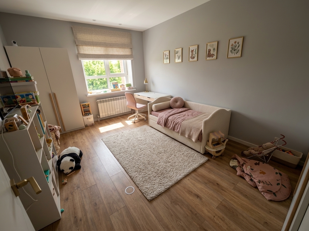 An incredibly lifelike, richly detailed, photorealistic wide-angle interior shot of a chic, modern girl’s bedroom reimagined as a serene minimalist haven for a first-grader, set in a sun-drenched contemporary apartment. The scene is illuminated by brilliant midday summer sunlight pouring through the window, creating an uplifting, warm, and delightfully organized atmosphere. Captured with a 24mm tilt-shift lens on a full-frame camera, emphasizing tactile bouclé fabric, smooth painted timber, and realistic wood grain, the room retains its existing soft-grey walls and warm oak laminate flooring while elevating the layout with intentional, age-appropriate functionality. Underneath the window, a bespoke, built-in study desk in matte white and pale birch extends gracefully across the wall, complete with hidden cable management, sleek pull-out pencil drawers, a soft blush-pink ergonomic chair, and a minimalist brass desk lamp, all framed by airy, floor-to-ceiling ivory linen curtains that gently filter the view of vibrant green treetops outside. Replacing the toddler crib along the right wall is an elegant twin-sized daybed upholstered in textured cream bouclé, layered with dusty-rose linen bedding, a fluted bolster cushion, and a folded waffle-knit throw. The spacious center of the room is grounded by a high-pile, organic-shaped wool rug in oatmeal, while the cluttered left wall is replaced by a seamless, floor-to-ceiling wardrobe with vertical wooden reveal handles and a set of slender floating picture ledges displaying colorful children’s books, creating a perfectly balanced sanctuary tailored for study, rest, and imaginative play.