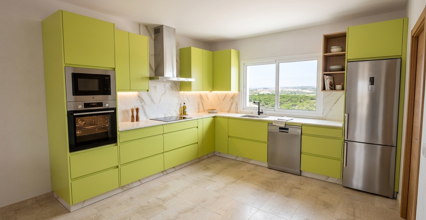 An architectural interior photograph of the kitchen preserving the exact composition, geometry, and vibrant lime-green cabinetry paired with white-and-gold veined marble surfaces. Soft natural daylight pours in through the central window, casting realistic contact shadows and balanced ambient fill across the light tiled floor and stainless steel appliances. Materials display authentic tactile micro-textures: brushed grain on the refrigerator and oven, a smooth satin sheen on cabinet faces, and subtle reflections across the polished induction cooktop and sink fixture. Shot with a crisp wide-angle lens, true-to-life color temperature, and faint natural lens vignetting for convincing photographic realism.