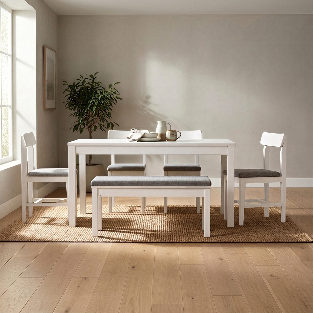 Extend the room's environment vertically to seamlessly replace the top and bottom white borders with the continuation of the neutral plaster wall above and the natural light-oak plank flooring below, completely filling the full frame without margins. Capture the scene as a crisp, natural interior photograph taken with a 50mm lens, utilizing soft, directional morning daylight streaming from the left window to cast gentle, diffuse shadows across the jute rug and dining set. Emphasize tactile realism with authentic micro-textures on the white-painted wood grain, woven seat upholstery, ceramic tableware, and potted plant foliage, balanced by subtle ambient falloff, fine photographic grain, and gentle highlights.