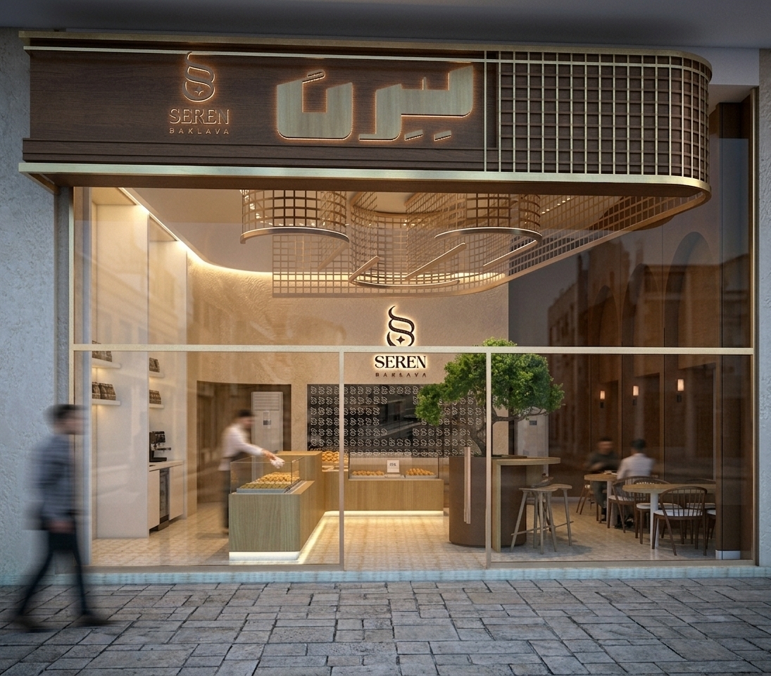 Photographed at eye level with a sharp 35mm tilt-shift architectural lens during dusk, the modern bakery storefront features soft halo backlighting illuminating the exterior dimensional signage with a warm, realistic glow. Balanced interior ambient light at 3000K spills through the expansive display glass, casting gentle highlights across the timber millwork, fluted metal grilles, and polished service counters. The large windows exhibit faint natural reflections of the streetscape, subtle surface dust, and micro-imperfections. Grounded by the authentic rough texture and uneven jointing of the weathered stone pavement, the scene is finished with realistic photographic depth, delicate contrast, and fine optical grain.