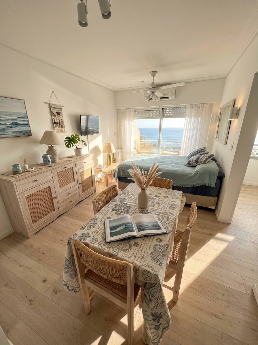 An incredibly lifelike, richly detailed, photorealistic wide-angle interior shot of a transformed open-concept coastal studio and dining room set in a breezy seaside apartment. The scene is illuminated by warm, natural late-afternoon sunlight gently diffusing through sheer, billowing white curtains, creating an airy, light, and deeply relaxing sun-kissed atmosphere. Captured with a professional 24mm f/2.8 architectural lens, emphasizing the organic textures of light oak grain, woven cane, and natural slubbed linens. The room transitions from its previous look into a serene sanctuary defined by a palette of seafoam blue, washed navy, crisp white, and warm sandy neutrals, grounded by wide-plank bleached oak floors that replace the dated ceramic tiles. In the foreground, the dining area features an understated whitewashed wooden dining table surrounded by sculptural woven wicker and pale timber chairs, elegantly styled with an open ocean photography book and a minimalist ceramic vase holding dried pampas grass. Against the wall, a streamlined mid-century-inspired white oak credenza with rattan-paneled doors hosts curated coastal ceramic objects and a lush potted monstera, beneath a grand, framed seascape canvas capturing gentle rolling waves. Beyond, the sleeping area seamlessly coordinates with plush textured linens in oceanic blues, opening effortlessly through clean-lined sliding glass doors out to a sunny balcony with sweeping views of the sparkling coastline.
