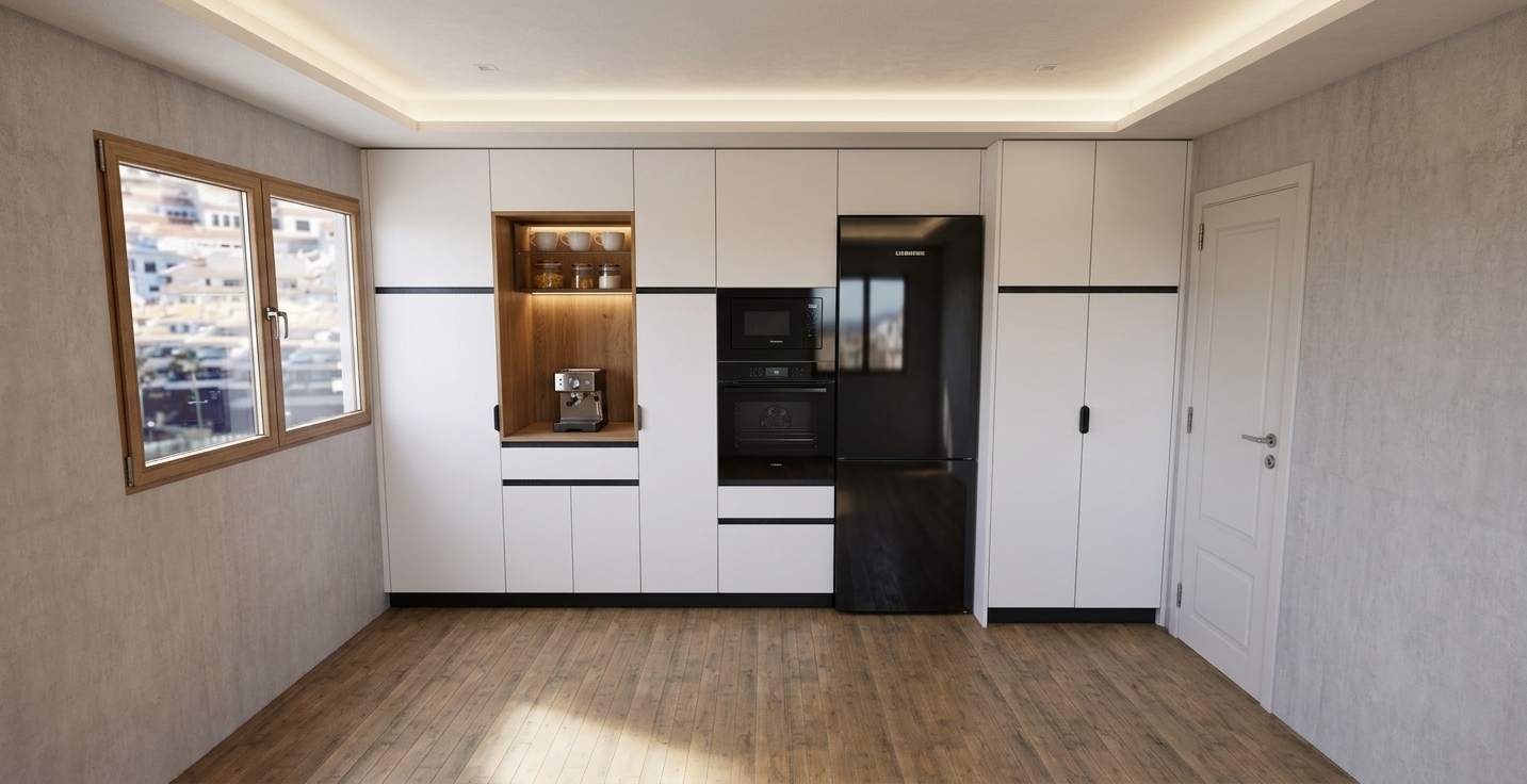 A bright architectural interior photograph maintaining the exact layout, geometry, and wide-angle perspective of the kitchen. Daylight streams from the left window, casting soft natural light and subtle ambient shadows across the pale wooden floorboards. The cabinetry features a smooth matte white finish accented by recessed black metal gola profile handles, alongside a glossy black refrigerator and matching built-in stacked ovens. The warm natural oak breakfast nook is illuminated by a hidden warm LED strip beneath the upper glass cabinet shelf, subtly highlighting a compact modern espresso machine on the counter, with realistic reflections and authentic material textures throughout.