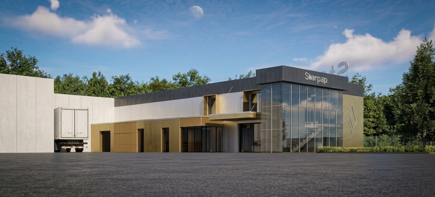 A photorealistic architectural photograph preserving the exact building structure, perspective, and facade finishes, captured with a professional tilt-shift lens in natural daytime sunlight. The asphalt driveway in the foreground features authentic heavy wear, faint tire tracks, micro-cracks, and subtle oil stains across its gritty aggregate texture. Natural lush trees and dense greenery extend naturally across the background horizon behind the building, softening the skyline beneath a crisp blue sky with drifting clouds. Sunlight produces subtle specular reflections and soft interior visibility through the glass curtain wall, while realistic micro-textures, gentle atmospheric depth, and faint lens vignetting eliminate any synthetic appearance.