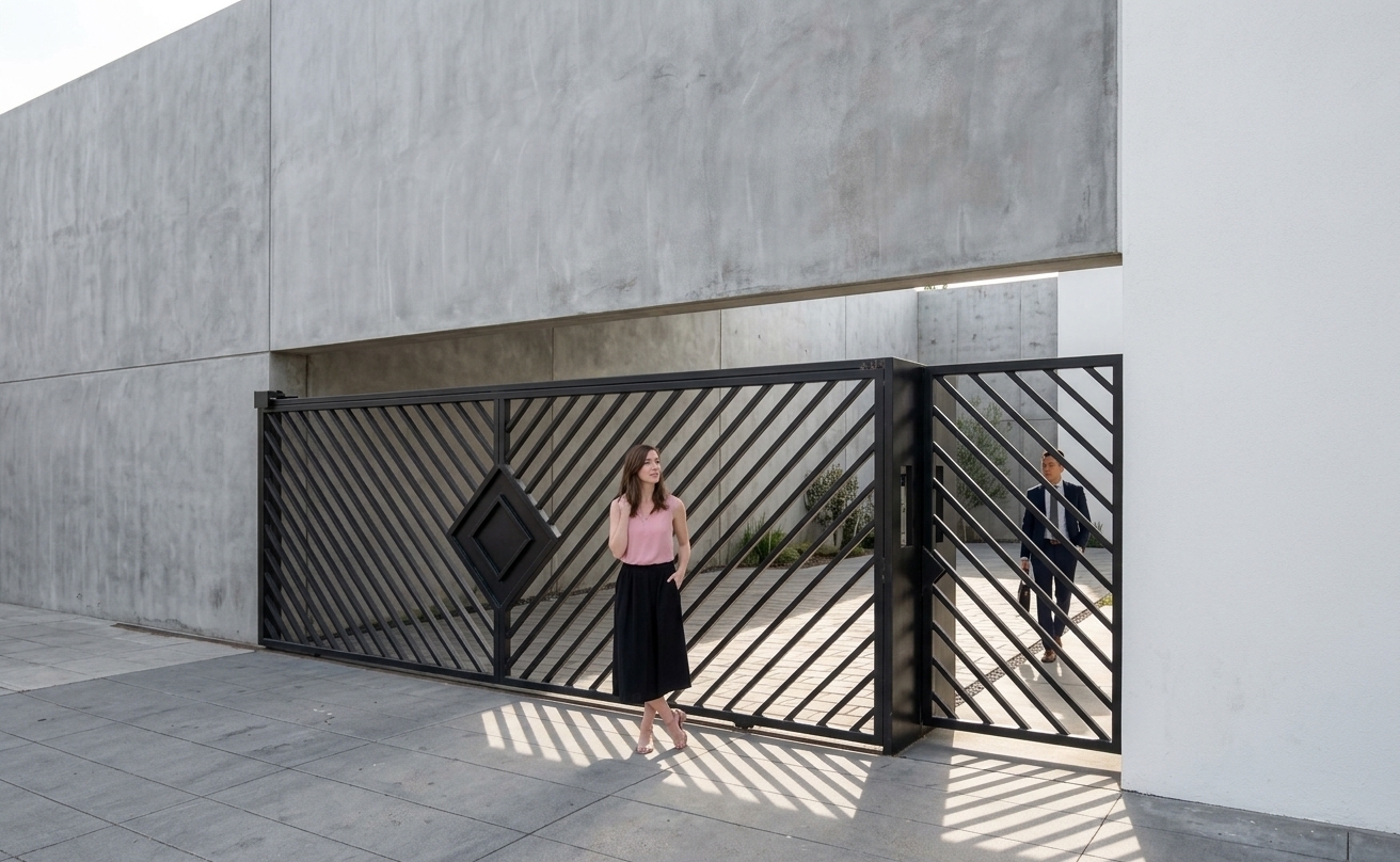A crisp daylight architectural photograph capturing the modern black powder-coated steel sliding gate with diagonal slats and diamond detailing exactly as structured. The surrounding building features smooth matte concrete walls and a paved ground with subtle surface imperfections. Natural ambient daylight casts soft linear shadows through the metalwork, with realistic people seamlessly integrated, captured on a 35mm lens with authentic depth of field, balanced exposure, and tactile material textures.