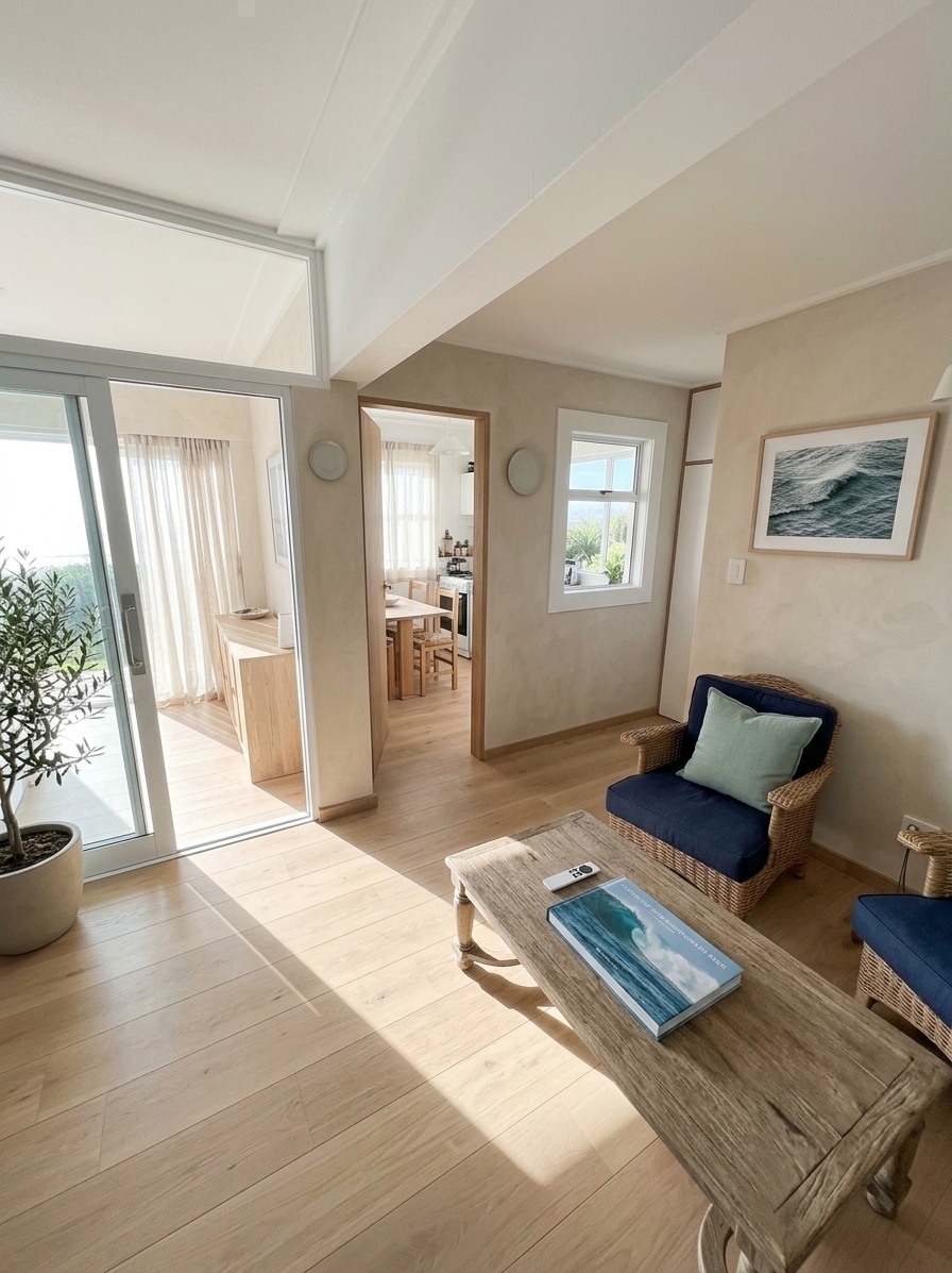 An incredibly lifelike, richly detailed, photorealistic wide-angle interior photograph of a reimagined living room set in a breezy coastal apartment. The scene is illuminated by bright, sun-kissed afternoon light cascading through widened sliding glass doors, creating an airy, fresh, and inviting coastal breeze atmosphere. Captured with a full-frame camera and a 24mm tilt-shift lens, emphasizing the tactile textures of sandy neutral limewash walls, woven wicker armchairs with crisp navy blue and seafoam linen cushions, and smooth, light-toned oak flooring that replaces the dated tiles. The former awkward partitions and heavy wooden bulkheads have been opened up to reveal a clean, seamless transition to an open-plan layout, adorned with minimalist coastal decor such as an oversized hardcover ocean photography book atop a low-profile driftwood coffee table, elegant textured seascape wall art in thin white oak frames, and vibrant potted olive trees and trailing ferns that bring lush life to the corners. Bathed in a balanced palette of crisp whites, soft sky blues, and muted dune tones, every surface remains thoughtfully uncluttered, crafting a casual yet sophisticated sanctuary where relaxed seaside living meets harmonious, modern proportions.