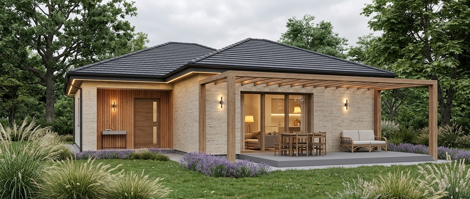 A realistic architectural photograph of the single-story house, maintaining its original geometry and layout. Upgrade the facade with light stone and wood siding accents, and cover the roof with realistic anthracite flat tiles. Add warm interior lighting, terrace illumination, and modern exterior sconces. Replace the white background with an overcast sky, tall deciduous trees, and a lush lawn with ornamental grasses and lavender bordering the terrace.