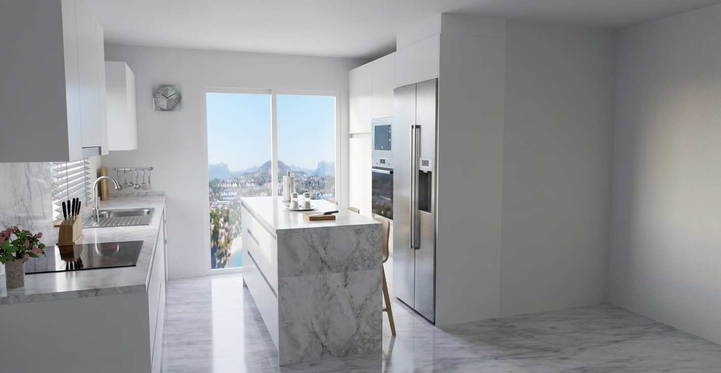 A crisp architectural photograph capturing the exact geometry, perspective, and arrangement of this modern kitchen under soft natural daylight streaming through the sliding glass door. The scene features photorealistic surface textures: authentic polished white marble with subtle grey veining on the waterfall island and countertops, realistic brushed stainless steel with delicate specular highlights on the refrigerator and built-in ovens, and clean matte finishes on the white cabinetry. Shot on a sharp wide-angle architectural lens with straight vertical lines, balanced exposure showing the scenic outdoor mountain view, true-to-life reflections, and natural micro-textures across every finish.
