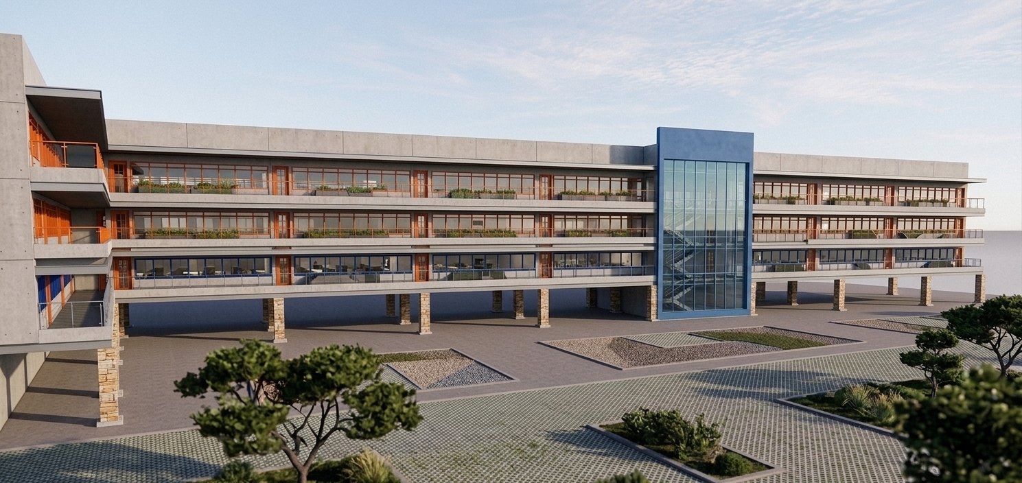 A professional architectural photograph capturing the exact modern structure bathed in crisp mid-morning sunlight. The supporting ground-level columns feature authentic natural cut stone with subtle mineral veining and tactile surface textures, while the blue-clad central staircase volume displays a sleek, completely seamless monolithic blue finish free of visible panel joints. Raw concrete facades show authentic subtle weathering, formwork seams, and micro-pores, contrasting with sharp reflections on the clean glazing. Captured with a tilt-shift lens on a full-frame sensor, showcasing balanced natural highlights, soft ground shadows, deep atmospheric depth, and faint photographic grain.