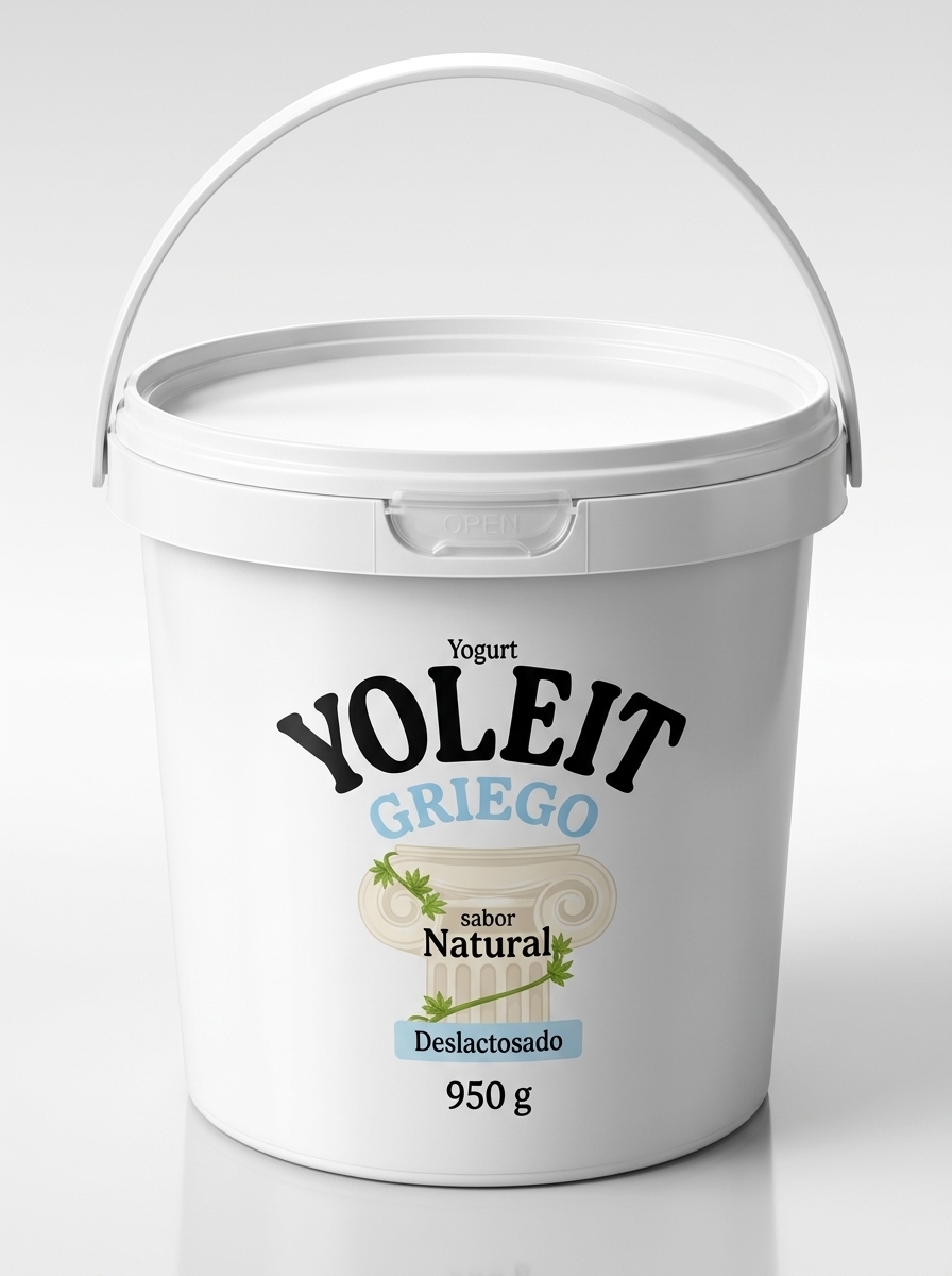 Redesign the yogurt packaging by applying the exact "YOLEIT GRIEGO Sabor Natural" label design from the image onto a white plastic bucket-style yogurt container. The new container must feature a built-in plastic carrying handle and a lid with a visible tamper-evident tear-tab security seal. Accurately replicate the branding, Greek column graphic, typography, and color scheme on the front of the handle-equipped container.