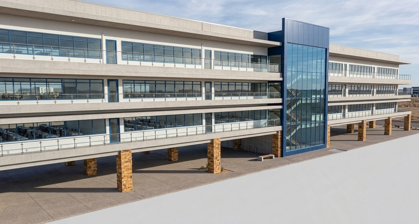 A photorealistic architectural photograph preserving the exact structure, geometry, and perspective under clear daylight. The ground-level support columns are clad in natural Mazeras stone, displaying organic cleft textures and warm, earthy striations with authentic surface variation. All exterior window mullions and door frames are finished in a refined, matte blue architectural coating, replacing the original warm tones while maintaining their precise placement. The concrete floor plates exhibit subtle casting seams and gentle weathering, while the expansive glass ribbons and the blue central stairwell tower produce crisp, realistic reflections of the open sky. Captured on an architectural tilt-shift lens with sharp midday shadows, accurate material physics, and subtle photographic grain.