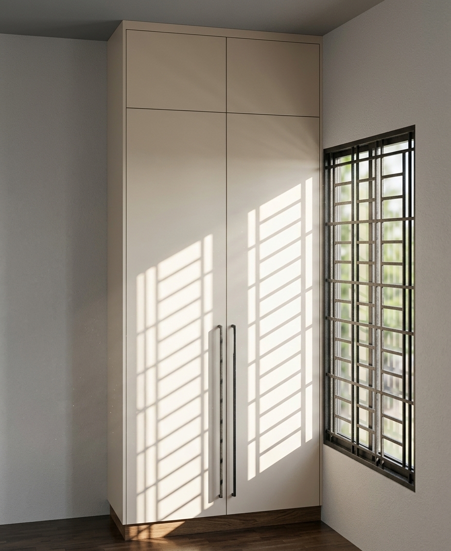 A photorealistic interior photograph captured at midday in summer, preserving the exact geometry, perspective, and composition of the tall cream-colored wardrobe and adjacent barred window. Intense, warm, high-angle summer sunlight streams through the window grille, casting crisp diagonal shadow patterns across the smooth matte cabinetry and the adjacent gray wall. The cabinet doors feature a subtle satin lacquer texture with sleek black metal handles catching soft specular highlights, resting on a natural wood base above dark hardwood flooring. The atmosphere is warm and clear, rendered with natural lens falloff, realistic ambient occlusion in the corners, subtle dust motes in the light beam, and a crisp, true-to-life architectural camera exposure.