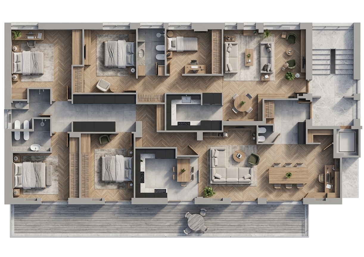 A photorealistic, top-down architectural photograph capturing the exact layout of the two luxury apartments in clean bird's-eye perspective. Natural daylight streams through the exterior windows and balcony doors, casting soft, directional interior shadows and subtle ambient occlusion throughout every room. The living and bedroom spaces are finished with detailed herringbone oak parquet, plush neutral area rugs, crisp white bed linens, and matte anthracite and off-white walls. Kitchens feature matte gray cabinetry, polished white quartz countertops, and clear glass partitions showing authentic specular reflections. Bathrooms are clad in muted gray porcelain tiles with realistic ceramic and chrome fixtures, while the shared stairwell features polished white marble steps. The extended outdoor terrace is surfaced with weathered wood plank decking and patio furniture, all rendered with crisp architectural focus, fine surface micro-textures, balanced natural exposure, and subtle lens vignetting.
