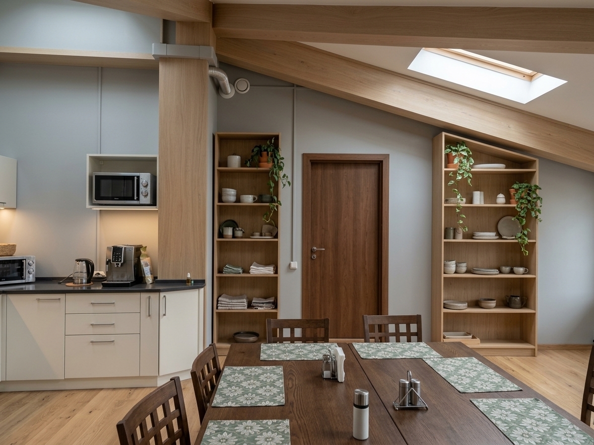 An incredibly lifelike, richly detailed, photorealistic wide-angle interior shot of a transformed Scandinavian sanctuary kitchen and dining room set in a modern attic-style interior with sloping ceiling architecture. The scene is illuminated by gentle ambient warm LED lighting seamlessly integrated along ceiling angles and soft diffuse daylight, creating a calm, peaceful, and revitalizing atmosphere. Captured with a 24mm f/2.8 wide-angle lens, emphasizing the tactile wood grain of Crimean oak, soft matte-painted walls, and polished surfaces. Faithfully preserving the original soothing color palette of soft sage-green, muted dove gray, and crisp architectural white, the doorway is now dramatically elevated by two tall, custom floor-to-ceiling shelving units flanking both sides of the Crimean oak door; built from identical rich Crimean oak, these symmetrical shelving units display curated artisanal ceramics, minimalist stoneware, neatly folded linen napkins, and cascading indoor potted plants in terra-cotta planters. To the left, the updated kitchenette features seamless handle-less off-white cabinetry under a polished deep charcoal composite countertop holding a sleek espresso maker, while the foreground showcases a handsome dark-wood communal dining table arranged with refined sage-green floral runners, brushed metal condiment holders, and elegant, ergonomic Scandinavian dining chairs atop warm light-wood flooring.