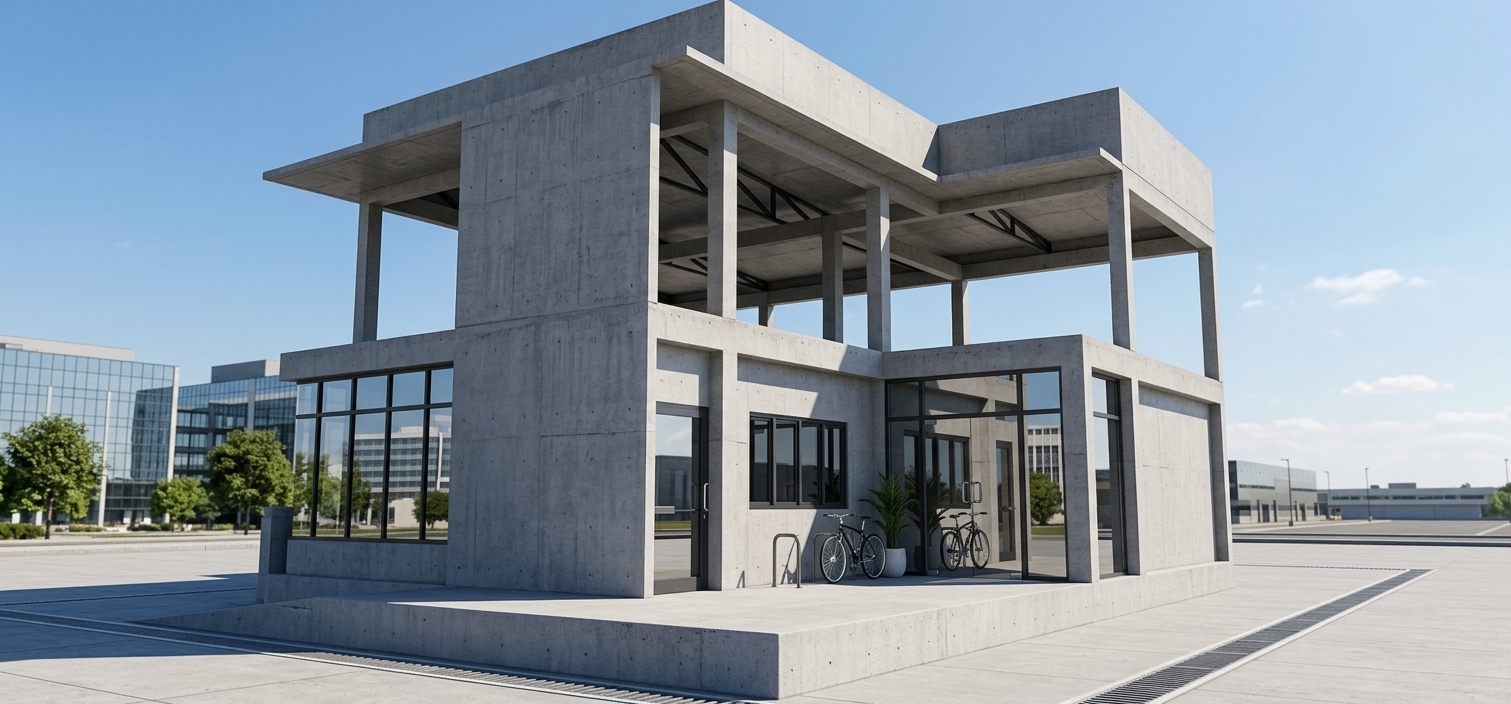 An architectural photograph of the modern concrete building under bright summer midday sun, preserving the exact geometry and perspective. The cast concrete surfaces feature authentic porosity and subtle formwork textures, while the dark steel trusses exhibit realistic industrial finishes. Crisp, high-contrast shadows from the high overhead sun define the recessed ground-floor facades and glass panels, which accurately reflect the clear sky. Shot with a sharp architectural lens, capturing warm direct daylight and clean, natural contrast across the entire structure.