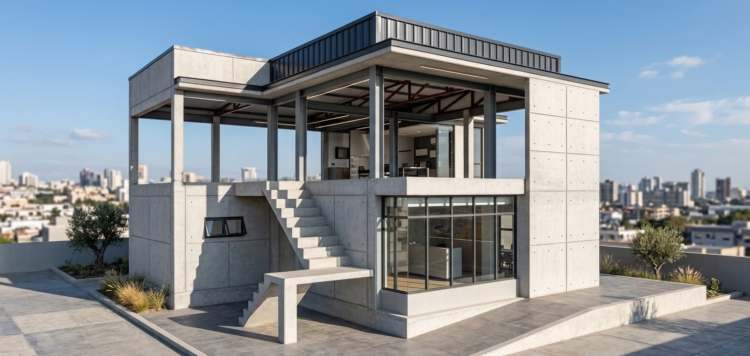 A crisp architectural photograph capturing the exact building structure under intense midday summer sunlight, casting sharp, deep shadows beneath the concrete overhangs and exposed steel roof trusses. The raw cast-in-place concrete surfaces display realistic micro-textures, subtle formwork seams, and faint porosity, while the lower corner window panes feature true-to-life reflections and tinted transparency. The exposed dark steel framework retains an authentic industrial finish. Captured with a professional tilt-shift lens in brilliant daylight, the scene features balanced high-contrast exposure, rich dynamic range, and clear summer atmosphere without altering any structural geometry, perspective, or framing.