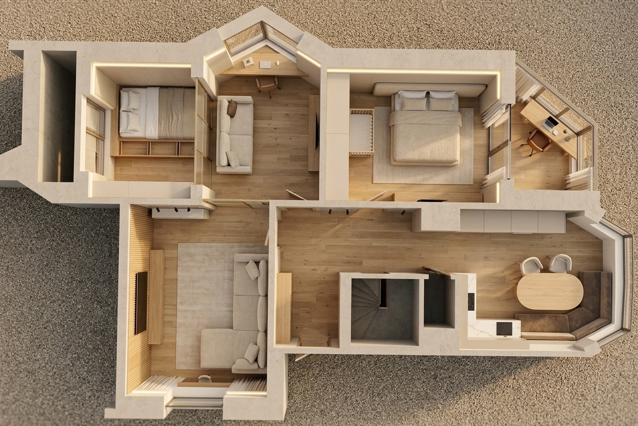 An incredibly lifelike, richly detailed, photorealistic top-down architectural cutaway photograph of a completely transformed modern luxury apartment interior set in an elegant urban residence. The scene is illuminated by a blend of golden morning daylight streaming through angled bay windows and recessed 3000K warm LED cove profiles, creating a calm, harmonious, and sophisticated atmosphere. Captured with a medium-format Hasselblad camera with a wide-angle tilt-shift lens from a high vantage point, emphasizing natural white-oak plank flooring, matte cashmere-beige lacquered cabinetry, ribbed timber acoustic paneling, and tactile bouclé upholstery.

### Living & Teen Suite (Top-Left 18.9 m² Space)
* **Variation 1 (Sliding Fluted-Glass Screen):** The spacious room is bifurcated by an acoustic, ceiling-height fluted glass partition set in a slim champagne-brass frame. The sunlit bay-window segment houses the teen's private enclave: a bespoke platform bed with integrated under-bed storage drawers, a floating oak study desk oriented toward natural light, and a seamless wardrobe wall. The interior half forms a cozy media lounge centered around a deep low-profile sectional sofa in warm ecru textured linen, facing a fluted oak TV feature wall with a concealed floating media console.
* **Variation 2 (Double-Sided Architectural Storage Wall):** A custom full-height partition cabinet serves as a structural room divider. On the living room side, it integrates a recessed niche for a wall-mounted flush OLED television with soft perimeter backlighting and hidden push-to-open cupboards; on the teen's side, it provides a comprehensive wardrobe system and a built-in study desk.
* **Variation 3 (Transom-Lit Enclosure):** An insulated drywall partition featuring upper transom clerestory windows maintains acoustic isolation for the teen's bedroom while funneling daylight into the living zone. A compact modular sofa, round travertine coffee table, and hidden full-height utility closets along the entry wall keep the living area clean and uncluttered.

### Master Bedroom, Nursery & Converted Loggia Office (Top-Right 13.6 m² & Balcony)
* **Master Sanctuary & Crib:** The primary bedroom centers around a plush king-size bed wrapped in beige bouclé with an upholstered headboard spanning the accent wall. Adjacent to the bed sits a convertible minimalist crib in light Scandinavian ash wood. The entire perimeter wall features floor-to-ceiling flush wardrobes in a soft cashmere lacquer finish, completely concealing clothing and nursery essentials.
* **Loggia Home Office:** The insulated triangular corner balcony is visually unified with the bedroom through an open portal with motorized linen sheer drapes. Inside, an ergonomic floating oak desk spans the angled panoramic glazing, accompanied by a leather executive task chair, vertical floating book ledges, and targeted magnetic track lighting.

### Modern Fusion Kitchen & Dining Lounge (Bottom-Right 12.9 m²)
* **L-Shaped Kitchen:** The cooking area features seamless, handleless cabinetry in matte warm greige, topped with seamless warm-white calacatta quartz countertops with subtle gold veining that extends up the full-height backsplash. Fully integrated appliances and concealed induction cooking maintain a pristine architectural aesthetic.
* **Cozy Banquette Dinette:** Tucked comfortably into the opposite wall and extending towards the window is a custom tailored corner banquette sofa upholstered in stain-resistant taupe velvet. It is paired with an oval blonde-wood dining table and two sculptural modern chairs, offering an inviting hybrid dining and relaxation setting.