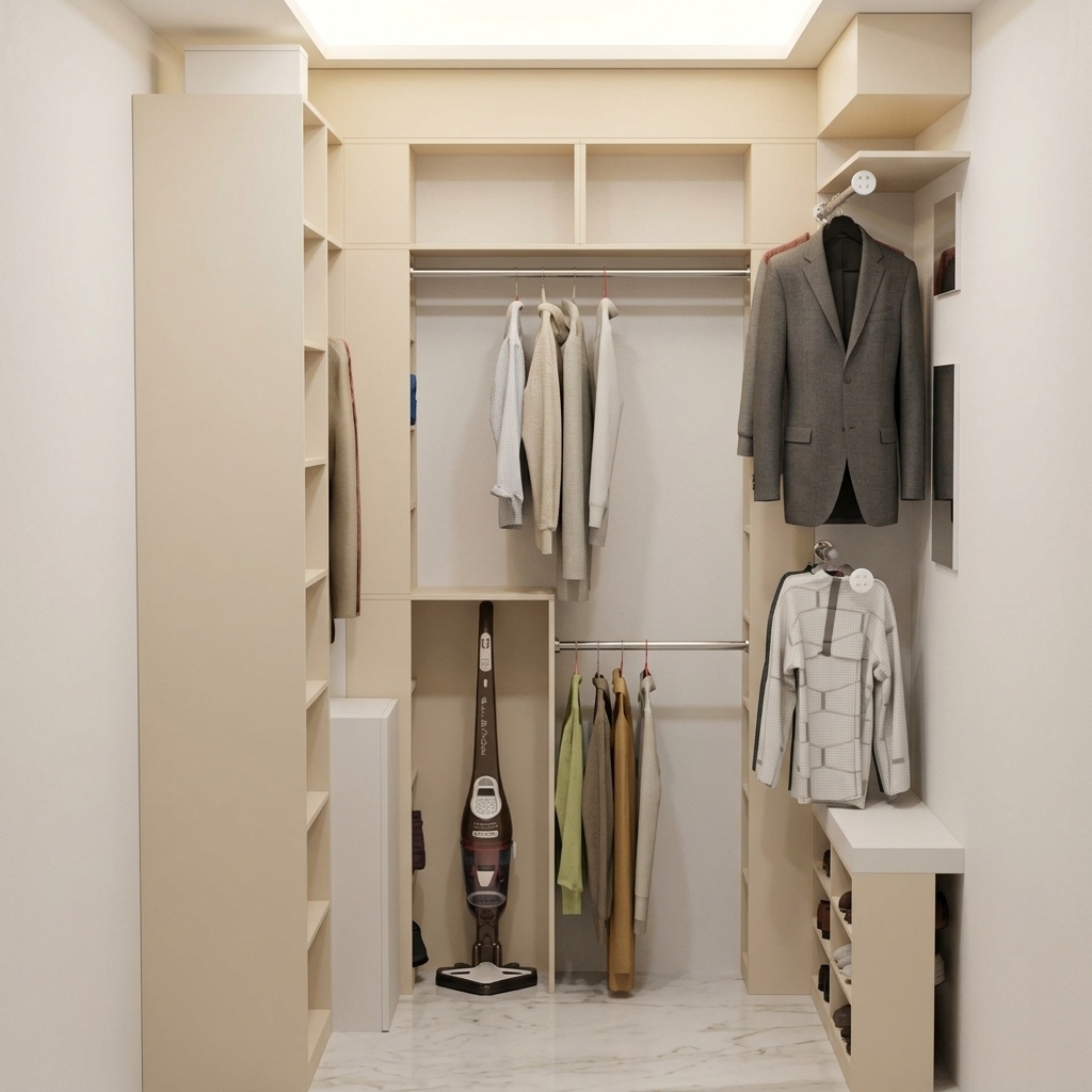 Transform this 3D CAD model of a walk-in closet into a photorealistic interior photograph. Preserve the exact layout, cabinetry arrangement, and contents, including the hanging clothes and the upright vacuum cleaner. Replace the flat textures with realistic materials: smooth matte cream-colored cabinetry, realistic marble floor tiles, natural woven fabric textures for the clothing, and brushed metal rods. Add soft, natural interior lighting with warm ambient illumination, realistic highlights, and subtle contact shadows to create depth and photorealism.