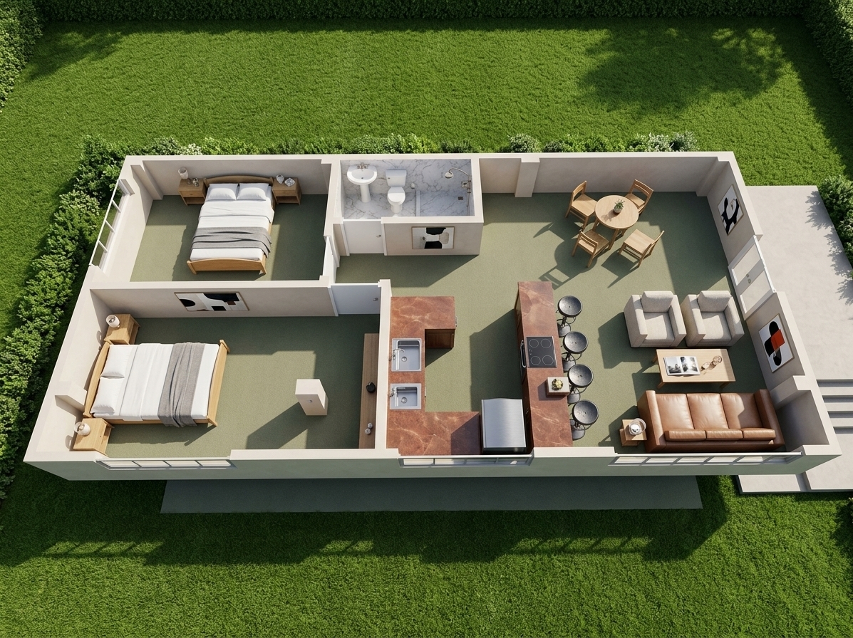 An incredibly lifelike, richly detailed, photorealistic high-angle cutaway floorplan photograph of a stylish open-concept apartment set in a contemporary urban residence. The scene is illuminated by crisp, natural midday spring light streaming into the interior, creating an airy, serene, and sophisticated atmosphere. Captured with a professional medium-format camera fitted with a tilt-shift architectural lens, emphasizing tactile wooden elements, smooth stone counters, and soft fabric finishes. The interior reveals two thoughtfully arranged bedrooms dressed in pristine white linens on light-toned oak bedframes, bordered by smooth, neutral-toned walls that frame the space with geometric elegance. Across the muted moss-green carpeting, the modular kitchen features rich, polished reddish-brown countertops and a sleek breakfast bar flanked by industrial black metallic barstools. In the open living and dining area, a round wooden dining table with matching chairs sits opposite an inviting lounge set, where a chic sofa and armchairs surround a low wooden coffee table displaying a glossy open photography book and minimal yet impactful decor. Tasteful touches of abstract wall art in balanced shades of black, white, and bold accents punctuate the clean walls, while just outside the exterior boundary, a lush border of fresh green lawn introduces a touch of vibrant spring life.