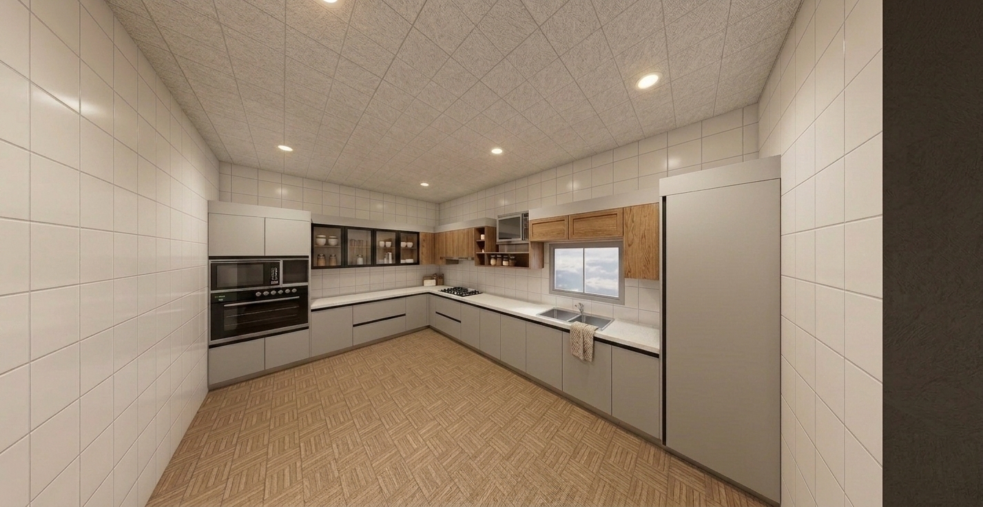 A photorealistic interior photograph preserving the exact wide-angle composition and layout of the kitchen, updating the glass-front upper cabinet frames to a sleek matte black finish. Natural daylight filters softly through the small window, mixing with warm recessed ceiling spotlights to create gentle falloff and realistic specular reflections across the glossy white wall tiles and countertops. Surfaces display subtle photographic realism including fine grain on the wooden floor and upper cabinetry, mild reflections in the oven glass, authentic metallic sheen on appliances, and faint lens distortion around the edges.