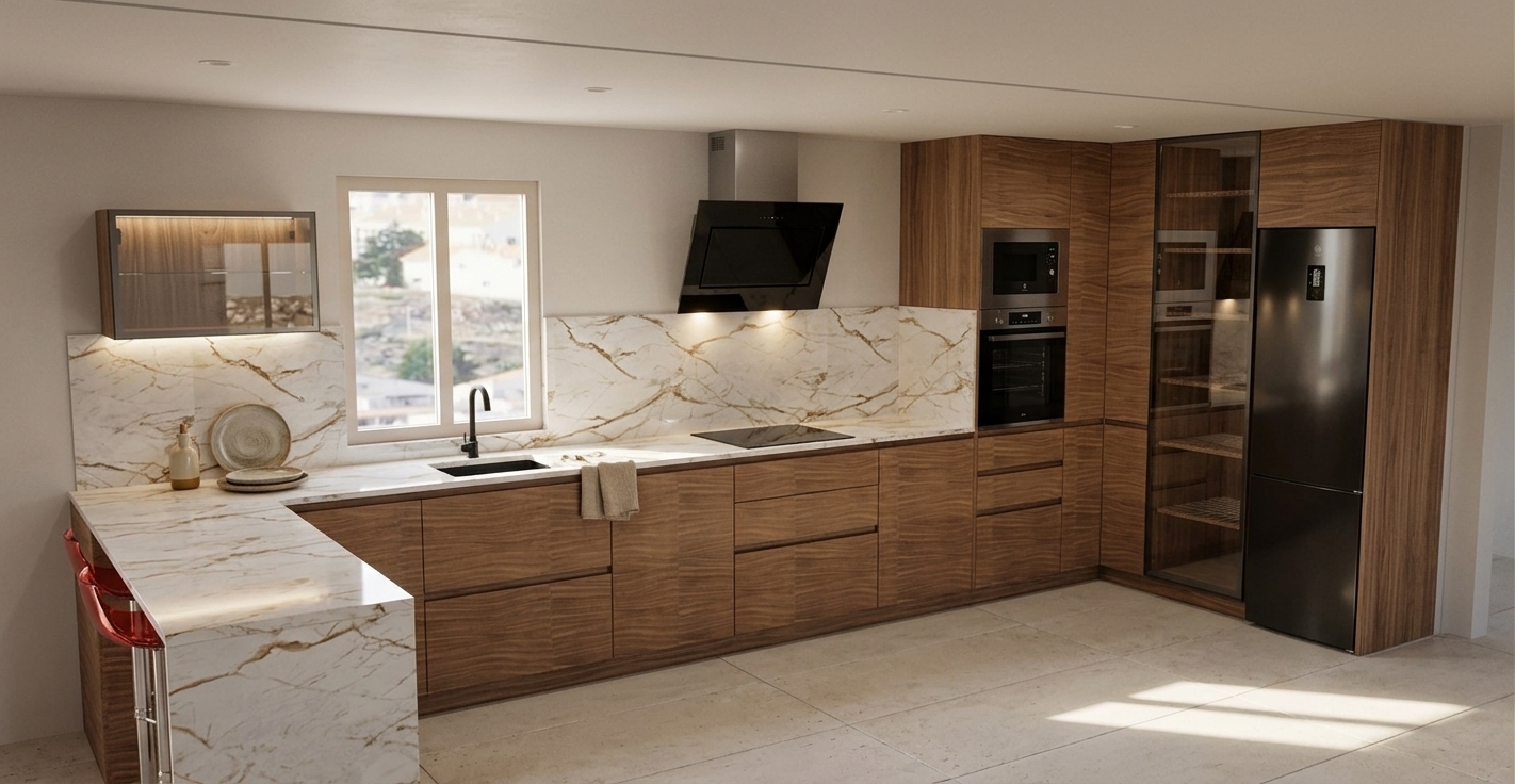 A professional interior photograph of the modern kitchen, preserving the exact layout, camera angle, and geometry, rendered with soft natural daylight streaming through the window alongside warm 3200K ambient recessed lighting. The cabinetry features realistic matte natural wood veneer finishes paired with seamless integrated black recessed finger-pull channels. The polished Calacatta gold marble countertops, waterfall edge, and backsplash display subtle, accurate reflections and delicate veining, styled tastefully with a few realistic culinary accessories like an oiled wooden cutting board, small ceramic oil cruets, and a folded linen towel. Surfaces exhibit authentic physical micro-textures, specular highlights on the glossy black appliances and black matte faucet, and balanced, soft-edged contact shadows cast across the light tile flooring, captured cleanly on a 35mm architectural tilt-shift lens.