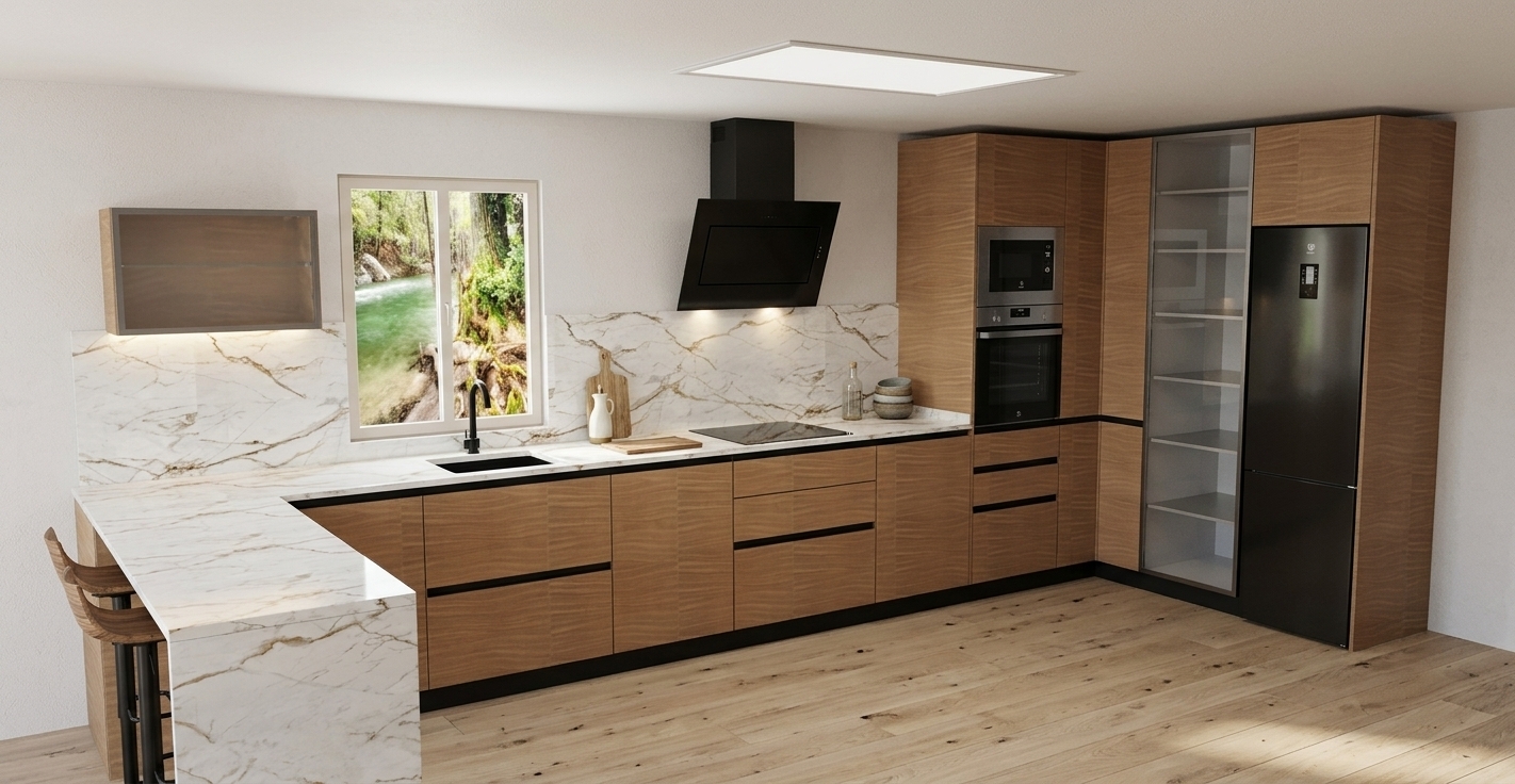 A photorealistic architectural interior photograph capturing the exact kitchen layout, featuring warm natural wood cabinetry updated with sleek black integrated J-pull gola profiles, polished Calacatta marble waterfall countertops, and matching backsplash. A contemporary pendant ceiling light hangs above the peninsula, casting a warm focused glow, complemented by bright, soft daylight streaming through the window overlooking the lush forest. The countertops are styled naturally with minimal decorative accessories such as a wooden cutting board, small ceramic vessels, and an olive oil cruet. Shot on a wide-angle 24mm lens with balanced exposure, sharp focus across textures, realistic reflections on the glossy black appliances and stone, and subtle natural film grain for authentic realism.