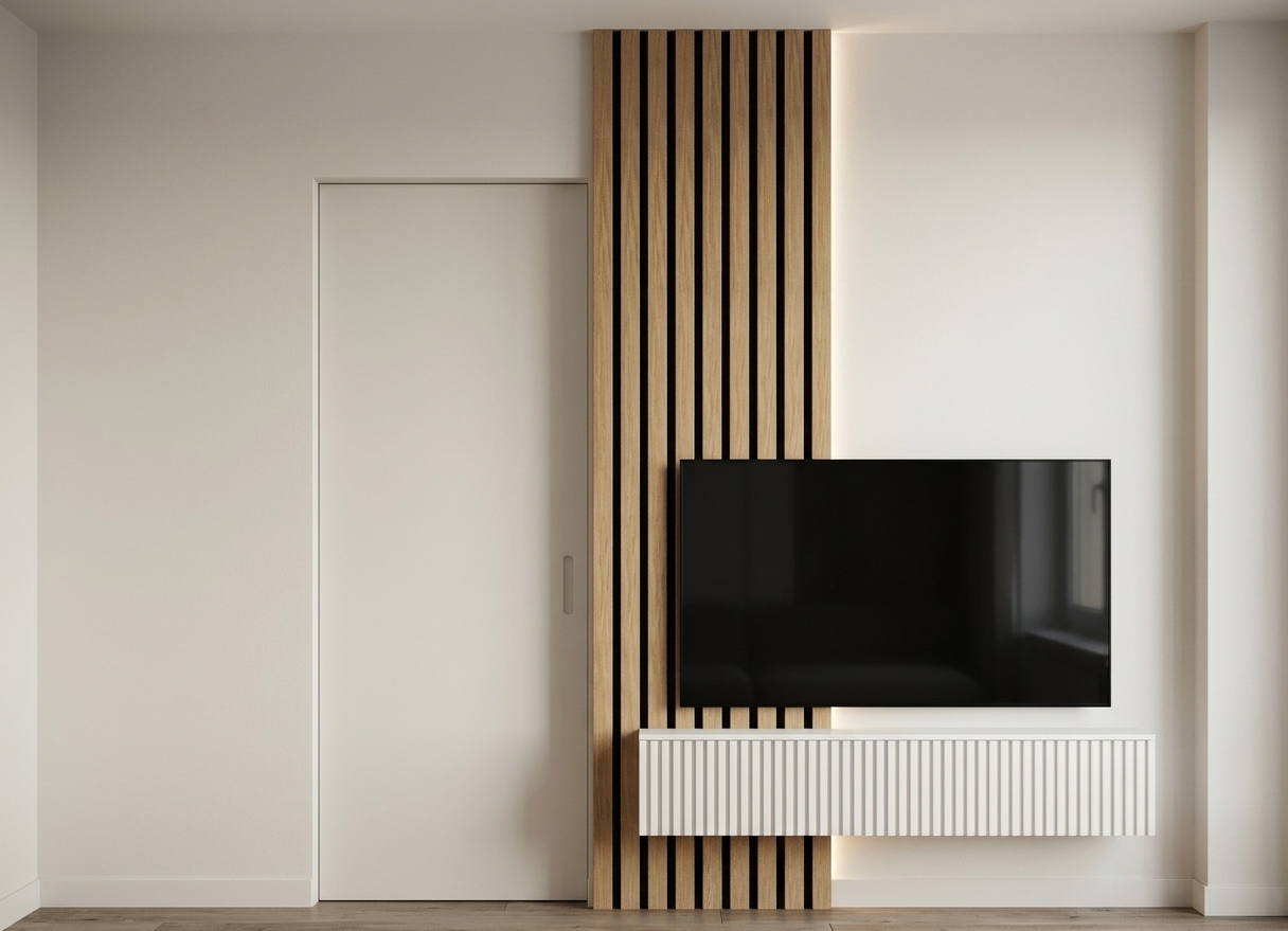A straight-on architectural photograph preserving the exact frontal composition and geometry, capturing smooth matte off-white walls with a tailored modern door and matching casing fitted neatly into the left doorway opening. The vertical feature slats showcase natural oak woodgrain textures over a recessed dark backing, framing a glossy flat-screen television with soft surface reflections. Mounted directly below, the floating white media console features detailed vertical fluting and subtle contact shadows. Cinematic, diffused interior lighting casts gentle, natural shadows across the surfaces, introducing realistic depth and tactile material physics with a warm neutral color balance.