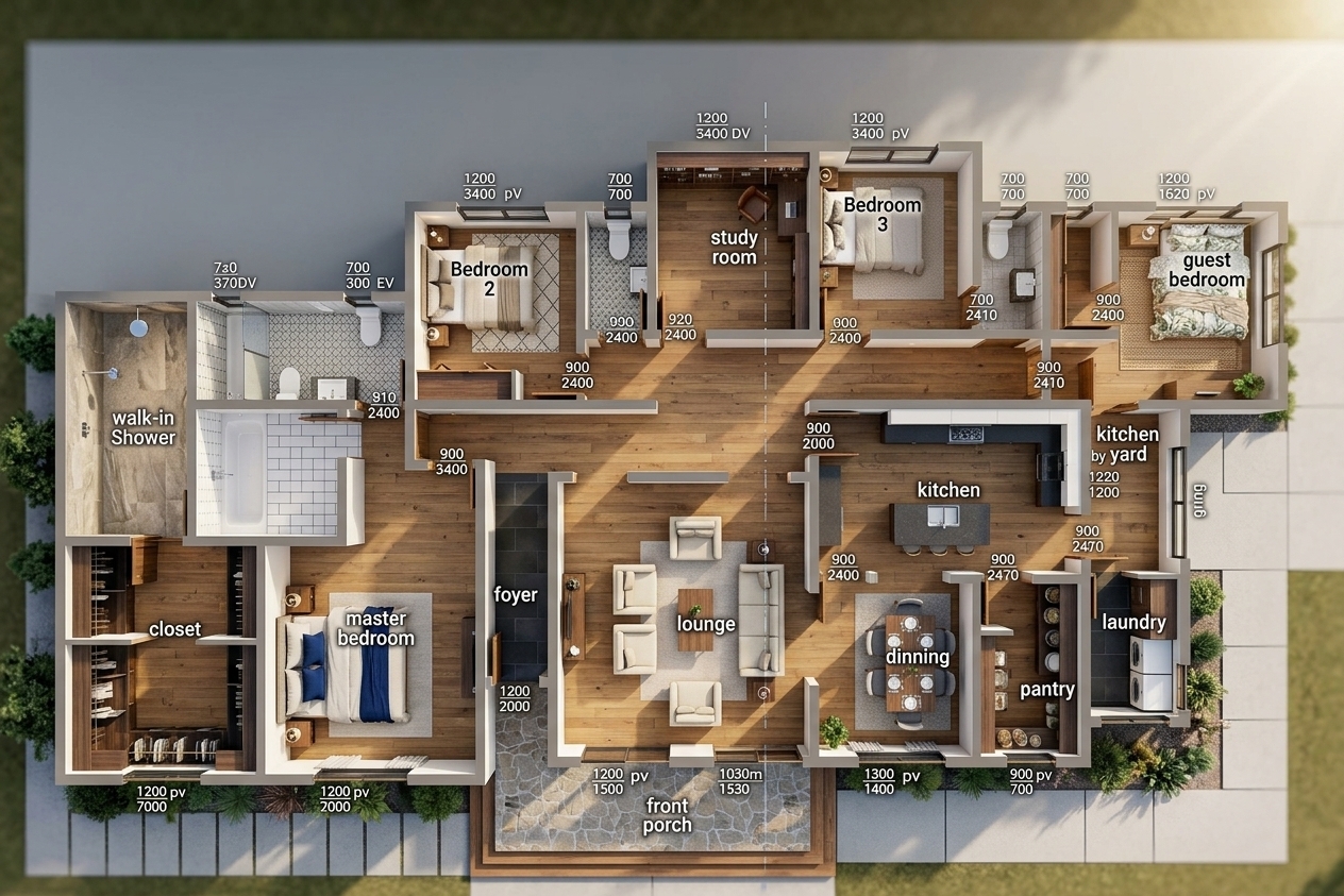 An incredibly lifelike, richly detailed, photorealistic top-down architectural cutaway photograph of a modern, single-story luxury residence set in an upscale sunlit environment. The scene is illuminated by bright morning daylight pouring through exterior windows complemented by warm recessed ceiling spotlights, creating an inviting, sophisticated, and tranquil atmosphere. Captured with a high-resolution tilt-shift architectural lens, emphasizing rich warm oak floorboards, polished ceramic bathroom tiles, crisp matte-white perimeter walls, and tactile linen upholstery.
The three-dimensional perspective reveals the entire home's interior, maintaining the exact footprint while bringing every room to life. In the heart of the home, a bright central lounge features plush cream-colored sofas arranged around a sleek walnut coffee table, leading directly to an adjoining dining room set for six and a state-of-the-art kitchen fitted with dark quartz countertops and stainless-steel appliances. To the left wing, the spacious master suite showcases a plush king-sized bed with rich navy accents, connecting to an expansive walk-in closet and a glass-enclosed walk-in shower. Along the back hallway, neatly appointed secondary bedrooms, a well-organized home study with a modern desk setup, and a serene guest suite display photorealistic textures—from woven area rugs and patterned bedspreads to smooth tiled laundry and pantry surfaces—delivering an impeccably rendered, true-to-life architectural model.