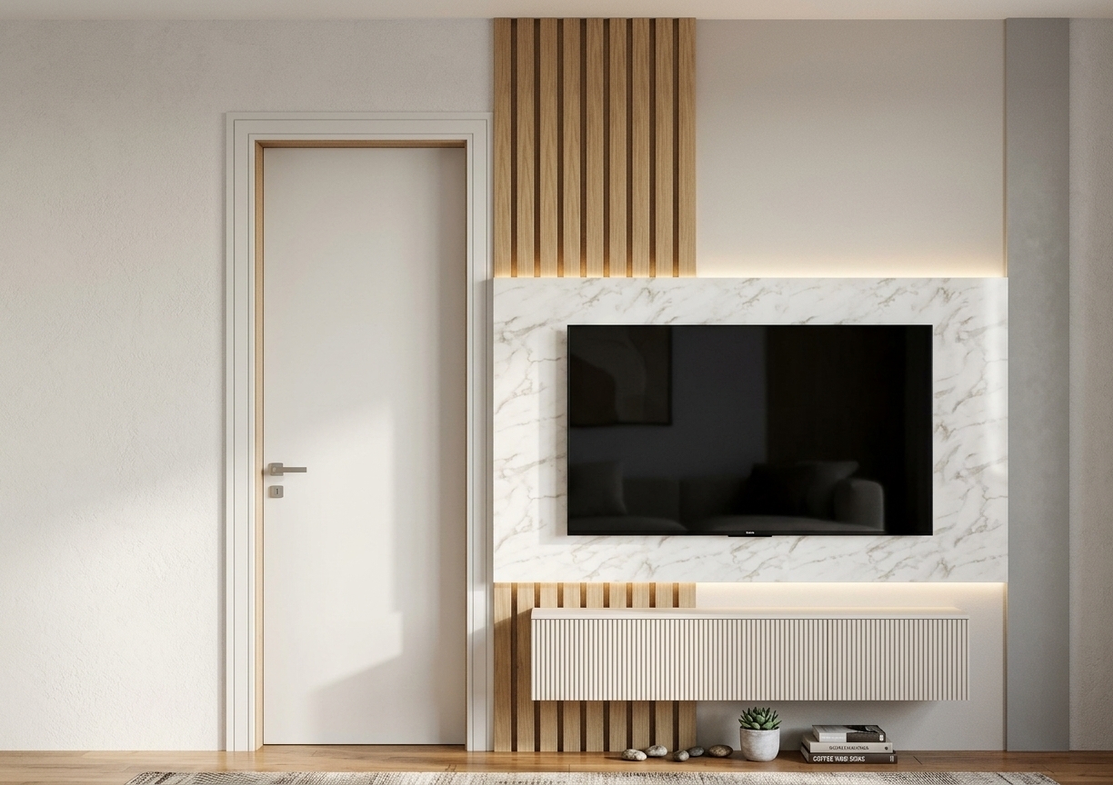 A straight-on architectural photograph precisely preserving the frontal framing, proportions, and placement of the scene. The accent wall features vertical natural oak slats with realistic matte wood grain, layered beneath a polished white marble backdrop panel with subtle grey veining and soft specular highlights. Hidden warm LED accent lighting glows softly from behind the marble panel, casting a gentle gradient across the neutral off-white wall. A glossy black television sits mounted flush at the center, accompanied by a lower floating console with distinct, finely textured white fluting and realistic drop shadows. To the left, a matte white door with clean casing aligns flush with the wall. The entire scene is captured with cinematic, balanced indoor lighting, natural shadow roll-off, authentic material textures, and subtle camera sensor grain.