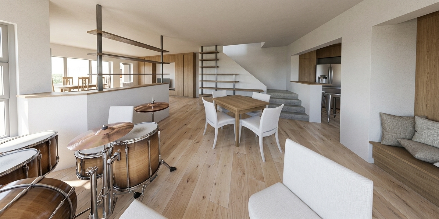 A realistic wide-angle architectural photograph of the interior illuminated by bright midday natural light pouring through the windows, creating soft ambient fill and clear contact shadows. The light wood plank floor features subtle grain reflections, while the white walls display a smooth matte plaster finish. The foreground drum kit exhibits authentic polished bronze cymbals, glossy shells, and reflective chrome hardware. The dining table, chairs, and shelving feature tactile natural timber and brushed metal textures, captured with crisp optical clarity, balanced exposure, and a deep depth of field matching the exact perspective.