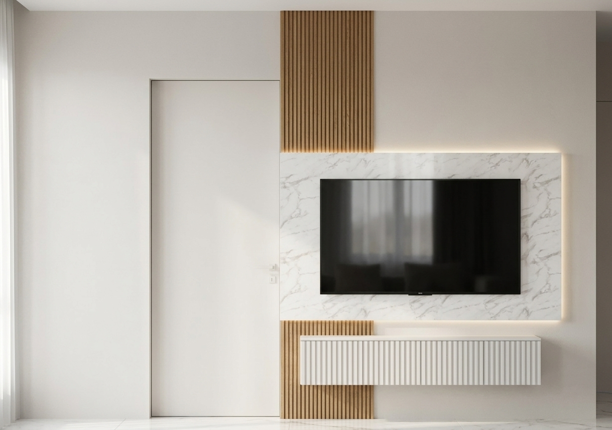 A straight-on, professional architectural photograph capturing the exact layout, geometry, and framing of the modern TV wall unit. The setup features genuine vertical natural oak wood slats, a polished white Calacatta marble accent panel with soft organic grey veining, a sleek black flat-screen television with realistic screen reflections, and a floating fluted white media console. Integrated warm LED backlighting glows softly behind the marble panel, casting gentle ambient light onto the smooth matte off-white wall. To the left, within the designated opening, is a flush interior door with minimalist matching trim, while the floor consists of polished 600x600mm white marble tiles showing subtle, realistic reflections. Photographed with balanced cinematic interior lighting, neutral color temperature, deep natural contact shadows, crisp focus, and a clean commercial photography finish.