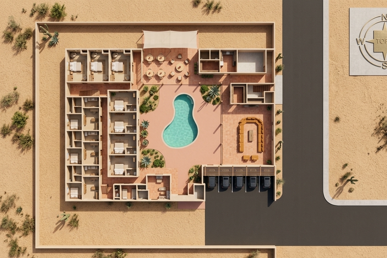An incredibly lifelike, richly detailed, photorealistic top-down aerial photograph of a minimalist Southwestern desert retreat set in a tranquil, arid oasis. The scene is illuminated by radiant, sun-drenched midday light casting soft, natural shadows, creating a serene, warm, and inviting atmosphere. Captured with a high-resolution medium-format aerial camera, emphasizing the tactile textures of smooth adobe plaster, sun-baked terracotta tiles, and rustic timber details. 

At the heart of the compound lies a tranquil courtyard where a freeform, kidney-shaped swimming pool glows with turquoise clarity against a blush terracotta deck, framed by manicured patches of desert greenery, potted agaves, and slender cacti. To the left, a series of guest suites showcase pared-down luxury with crisp linen-dressed beds, warm beige walls adorned with desert landscape art, and rustic wooden furnishings. The northern wing features an open-air dining patio shaded by minimalist canvas canopies over round blonde-wood tables, while the eastern wing opens into an expansive, earth-toned lounge with an inviting U-shaped modular sectional sofa in warm ochre. Parked neatly in dedicated bays beneath slatted pergolas, sleek dark SUVs sit bordered by smooth dark asphalt access roads, seamlessly blending modern boutique hospitality with peaceful, sun-soaked Southwestern minimalism.