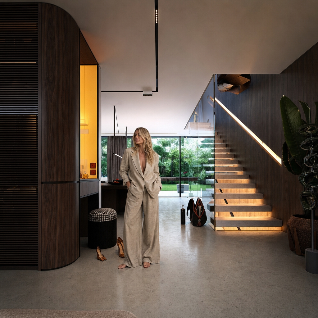 An incredibly lifelike, richly detailed, ultra-photorealistic high-end interior architectural photograph with extraordinary physical realism, natural material definition, realistic light behavior, authentic photographic depth, subtle imperfections and exceptional photographic credibility. The image must look indistinguishable from a real luxury interior photograph captured with a professional full-frame camera, with beautifully controlled tonal depth, realistic reflections, tactile surfaces, natural shadows and sophisticated dark-luxury atmosphere.

ABSOLUTE PRESERVATION:

The existing architecture, layout, geometry, proportions, furniture placement, camera position, camera height, focal length, perspective, composition, framing, spatial relationships, and any existing rug remain completely unchanged.

Do not alter, redesign, reinterpret, relocate, resize, replace, remove, add, simplify, or reconstruct any architectural element, furniture, decoration, object, fixture, appliance, opening, wall, ceiling, floor geometry, kitchen island, cabinetry, doors, windows, or built-in element.

Do not change the camera angle or viewpoint in any way.

Do not crop, zoom, pan, tilt, rotate, dolly, shift, or reframe the image.

The original composition must remain exactly the same.

Only improve photographic realism, surface realism, material depth, human realism, texture quality, and physically accurate light–material interaction.

No redesign.
No reinterpretation.
No creative alteration.
No change to the architecture.
No change to the furniture layout.
No change to the composition.

The final image must remain visually identical in architecture and composition to the reference image, with only the requested material and human-realism refinements applied.

PHOTOGRAPHIC INTENT:

Transform the reference into an ultra-realistic, high-end editorial architectural photograph.

The image must look like a real professional architectural interior photograph captured on a full-frame professional camera, not a 3D render or CGI visualization.

Preserve the exact architectural design while upgrading the visual realism to an extremely sophisticated photographic level.

The final result should resemble a luxury architectural editorial photographed for a premium architecture or interior-design magazine.

Natural photographic imperfections, physically accurate materials, realistic light falloff, authentic reflections, subtle lens characteristics, realistic depth, and organic micro-detail.

No artificial perfection.
No CGI appearance.
No digital illustration.
No stylization.

OVERALL MOOD:

Dark, moody, low-key interior photography with a refined, intimate, sophisticated atmosphere.

The interior should feel warm, quiet, luxurious, tactile, calm, and naturally lived-in.

Maintain deep blacks and controlled shadows while preserving sufficient detail in dark areas.

Subtle natural lens vignette gently darkens the outer edges of the frame while keeping the central architectural composition clear and detailed.

Use restrained cinematic underexposure without destroying material information.

The image should feel sophisticated and atmospheric rather than dramatically stylized.

No excessive contrast.
No crushed shadow detail.
No artificial HDR.
No exaggerated cinematic effects.

LIGHTING:

Physically accurate architectural photography lighting.

Use deliberate cinematic underexposure while maintaining realistic exposure relationships between the interior, woman, furniture, walls, floor, and architectural elements.

Warm artificial lighting approximately 2700–3000K remains restrained, soft, directional, and realistic.

The warm artificial light should gently graze the walnut surfaces and architectural elements, revealing the natural grain, pores, subtle surface imperfections, and material depth primarily through controlled highlights and shadows.

Natural sunlight remains present and readable.

Soft natural daylight enters the space naturally and interacts with the floor, kitchen island, walnut cabinetry, walls, furniture, and the woman.

Natural daylight should create subtle controlled highlights, soft shadows, realistic reflections, and believable colour transitions.

Global illumination must remain physically correct but restrained.

Use realistic indirect bounce light, subtle ambient occlusion, physically accurate shadow density, realistic light falloff, and natural reflected colour from the walnut surfaces.

No dramatic artificial beams.
No theatrical lighting.
No glowing objects.
No excessive bloom.
No lens flare.
No stylized lighting effects.

FLOOR – LIGHT POLISHED CONCRETE:

The floor is replaced with light warm grey polished concrete while preserving the exact existing floor geometry, perspective, dimensions, joints, transitions, and spatial relationships.

Surface tone:

Soft light grey with subtle warm undertones and delicate natural tonal variation.

Avoid cold blue-grey coloration.

Finish:

Smooth, dense, mechanically polished concrete with a refined satin sheen.

Not mirror-like.
Not glossy.
Not wet-looking.

Micro-texture:

Visible fine aggregate.
Subtle mottling.
Very fine tonal variation.
Faint trowel marks.
Natural microscopic irregularities.
Subtle pores and mineral variation.

Reflectance:

Physically accurate low-to-medium reflectivity.

Light sources and surrounding architecture may create soft, broad, blurred reflections.

Reflections must never appear sharp, mirror-like, metallic, or artificially glossy.

Light interaction:

Grazing light gently reveals subtle surface variation, micro-imperfections, and fine texture.

The floor should feel heavy, mineral, tactile, architectural, and genuinely physical.

No wet look.
No high gloss.
No artificial uniformity.
No plastic appearance.
No CGI floor texture.

WALLS & CABINET FRONTS – PREMIUM DARK AMERICAN WALNUT VENEER:

All wall cladding, full-height wall panels, cabinet fronts, tall units, millwork, doors, built-ins, and all existing wood-finished architectural elements are finished in premium natural American Black Walnut veneer (Juglans nigra).

Preserve the existing design, proportions, panel layout, joint pattern, dimensions, geometry, doors, openings, and architectural composition exactly as shown in the reference image.

Use authentic architectural-grade natural walnut veneer with a rich, deep brown base and subtle warm undertones.

The overall colour should range naturally from dark chocolate brown to deep espresso brown, with slightly lighter warm brown variations naturally occurring within the grain.

The wood must have a sophisticated dark luxury appearance without becoming black.

Maintain enough tonal variation and surface depth for the natural walnut grain to remain clearly visible under both natural daylight and warm artificial lighting.

AUTHENTIC VENEER:

Use authentic book-matched or carefully slip-matched natural veneer.

Maintain continuous grain flow across adjacent wall panels, cabinet fronts, doors, and millwork.

The result should resemble bespoke high-end custom architectural joinery.

Natural American Black Walnut characteristics:

- rich chocolate and espresso-brown coloration
- subtle warm brown undertones
- muted caramel undertones in selected areas
- refined flowing grain
- naturally irregular growth patterns
- occasional subtle cathedral grain formations
- fine open pores
- subtle mineral variation
- realistic darker and lighter grain transitions
- authentic veneer seams
- realistic panel transitions
- natural variation between individual veneer sheets

The grain should remain elegant, relatively calm, refined, and architectural.

Avoid excessively dramatic rustic patterns.

The overall appearance must feel contemporary, sophisticated, expensive, restrained, and highly crafted.

COLOR CONSISTENCY:

Maintain a coherent dark walnut palette across all wood surfaces.

Do not introduce:

- reddish mahogany
- orange wood
- yellow oak
- grey wood
- artificial black wood
- flat dark brown
- overly red tones
- overly orange tones

The walnut should remain unmistakably natural American Black Walnut.

The veneer should appear naturally stained only enough to achieve the desired deep walnut tone while preserving the authentic optical depth, pore structure, grain variation, and dimensional character of real walnut.

FINISH:

Ultra-high-quality matte-to-satin clear lacquer, approximately 5–10 GU.

The finish should softly diffuse incoming light while preserving:

- tactile character
- pore structure
- grain depth
- natural dimensionality
- subtle surface imperfections
- authentic wood texture

The surface must never appear:

- glossy
- plastic
- laminated
- artificially black
- overly polished
- synthetic
- flat
- CGI-generated

LIGHT INTERACTION WITH WALNUT:

Warm ambient light creates subtle, soft highlights along the walnut grain.

Natural daylight reveals slightly cooler brown variations and three-dimensional veneer depth.

Grazing light emphasizes:

- pores
- grain direction
- veneer transitions
- subtle panel joints
- tiny surface irregularities
- natural tonal variation

Reflections remain broad, soft, restrained, and physically accurate.

No repeating texture.
No cloned grain.
No procedural-looking wood.
No artificial symmetry.
No laminate appearance.
No flat brown colour.
No excessive red.
No excessive orange.
No fake CGI wood.

The walnut must remain visually consistent throughout the image, with the same species, coloration, finish, grain character, and material identity.

MATERIAL REALISM:

All materials must exhibit physically accurate behaviour under the existing lighting.

Upholstered fabrics exhibit realistic textile density, visible individual fibres, soft light absorption, natural creasing, subtle compression, and realistic shadow behaviour.

Stone surfaces appear heavy, tactile, mineral, and physically dense, with true depth, micro-porosity, subtle tonal variation, and uneven reflectance revealed only where light grazes the surface.

Glass remains physically transparent with restrained, realistic reflections and subtle refraction.

Metal surfaces remain subdued with controlled specular highlights.

No material should appear excessively glossy or artificially perfect.

Every surface should contain subtle real-world micro-imperfections appropriate to its material.

WOMAN – EXACT SAME WOMAN AS THE PREVIOUSLY CREATED REFERENCE:

Add the SAME blonde woman from the previously created reference image.

She must visually correspond to the exact same woman previously generated.

Do NOT generate a different woman.

Preserve the same overall character, facial character, blonde hairstyle, body proportions, natural beauty, age appearance, feminine silhouette, and relaxed editorial presence.

She should look as though she is the exact same real woman photographed in another frame of the same professional architectural photoshoot.

CHARACTER CONSISTENCY:

Maintain the same:

- blonde hair character
- hairstyle
- facial proportions
- facial character
- natural expression
- body type
- body proportions
- feminine silhouette
- overall appearance
- relaxed personality
- realistic photographic quality

Do not change her into a different person.

Do not create a generic blonde model.

Do not alter her facial structure unnecessarily.

Do not make her younger or older.

Do not make her excessively glamorous.

Do not apply beauty-filter aesthetics.

APPEARANCE:

Naturally beautiful adult blonde woman.

Long, loose, softly wavy blonde hair.

Warm natural blonde colour with subtle darker blonde roots and realistic tonal variation.

Individual hair strands must be visible.

Hair should contain natural flyaway strands, subtle irregularities, realistic density, believable volume, and natural highlights.

Facial features should be refined but completely natural.

Preserve subtle natural facial asymmetry.

Skin should contain realistic pores, tiny imperfections, subtle tonal variation, believable translucency, and physically accurate subsurface scattering.

No plastic skin.
No airbrushed skin.
No artificial beauty filter.
No excessive smoothing.

OUTFIT – EXACT SAME BEIGE LINEN-LOOK TWO-PIECE SET:

The woman wears EXACTLY the same beige linen-look women's two-piece outfit previously created for her.

The outfit is a refined, relaxed, sophisticated women's linen-look set in the same style as the previously generated reference.

It consists of:

- relaxed oversized beige tailored blazer
- matching very wide-leg full-length trousers
- flowing wide trouser silhouette
- warm natural beige / sand / light taupe colour
- soft linen-look textile
- authentic woven fabric structure
- subtle visible linen fibres
- natural irregularities in the weave
- matte tactile surface
- relaxed contemporary tailoring
- understated luxury aesthetic
- effortless high-end editorial appearance

The outfit must visually match the previously created beige linen-look wide-leg two-piece set as closely as possible.

The trousers must remain VERY WIDE, flowing, relaxed, and full-length.

The trouser legs should naturally fall toward the floor with realistic weight, gravity, folds, and fabric movement.

The blazer should have a relaxed, slightly oversized silhouette with natural draping and realistic construction.

The clothing must look like genuine premium linen or a very high-quality linen-look fabric.

No synthetic appearance.

No plastic appearance.

No glossy fabric.

No excessive stiffness.

No fashion illustration.

No different outfit.

Do not replace the outfit with a dress, skirt, jeans, narrow trousers, leggings, shirt, or another fashion style.

Do not add bright colours, prints, patterns, logos, or unnecessary accessories.

The overall outfit remains understated, elegant, natural, neutral, and architectural.

BAREFOOT:

The woman is barefoot.

Her feet must be anatomically correct and naturally positioned.

Correct toes, correct proportions, natural skin texture, realistic contact with the floor.

Her feet must be firmly grounded on the polished concrete.

Use subtle physically accurate contact shadows.

No floating feet.
No distorted toes.
No anatomical errors.

POSE:

The woman stands naturally and calmly within the existing interior.

Her posture is relaxed, subtle, elegant, and believable.

Avoid a fashion-model pose.

Avoid exaggerated body language.

Avoid dramatic gestures.

Natural weight distribution between both legs.

Relaxed shoulders.

Subtle asymmetry.

Natural position of arms and hands.

Her posture should feel spontaneous and incidental, as though she is naturally inhabiting the architectural space.

She should not appear to be intentionally posing for the camera.

HUMAN SCALE:

Maintain physically correct human scale and proportions relative to:

- kitchen island
- cabinetry
- doors
- walls
- floor
- furniture
- architectural openings
- ceiling height
- surrounding objects

The woman must be correctly integrated into the spatial perspective.

No oversized body.
No undersized body.
No distorted proportions.

HYPER-REALISTIC HUMAN DETAIL:

The woman must look completely real.

Skin:

- realistic pores
- subtle fine lines
- natural imperfections
- realistic tonal variation
- believable translucency
- soft subsurface scattering
- natural highlights
- realistic shadow transitions

Hair:

- individual strands
- natural flyaway hairs
- realistic density
- physically believable volume
- subtle tonal variation
- natural highlights
- realistic interaction with ambient light

Hands:

- anatomically correct hands
- realistic fingers
- correct finger proportions
- natural joints
- subtle skin folds
- realistic nails

Feet:

- anatomically correct
- realistic toes
- realistic skin texture
- natural weight distribution
- accurate contact with floor

FACIAL REALISM:

The face must look like a real photographed person.

Maintain natural facial asymmetry and subtle imperfections.

No artificial symmetry.

No doll-like appearance.

No mannequin appearance.

No generic AI face.

No overly perfect beauty.

No waxy skin.

No excessive sharpening.

No beauty retouching.

The woman's face should retain the subtle imperfections and organic realism characteristic of an authentic professional photograph.

CLOTHING REALISM:

The linen-look fabric must behave physically like real woven fabric.

Include:

- authentic fibre structure
- subtle weave visibility
- natural wrinkles
- soft creasing
- realistic compression
- gravity-driven folds
- slight irregularity
- natural tension around elbows
- realistic folds around waist
- realistic folds around hips
- natural draping around legs
- matte light absorption
- subtle highlights only where fabric catches light

The clothing must respond naturally to gravity and body movement.

No painted fabric.

No synthetic cloth.

No plastic texture.

No perfectly smooth surfaces.

INTEGRATION WITH ARCHITECTURE:

The woman must be physically integrated into the existing interior.

She must receive exactly the same lighting conditions as the surrounding architecture.

Her skin, hair, clothing, and body must respond naturally to the same warm artificial light and natural daylight.

Use physically accurate:

- indirect illumination
- reflected light
- colour bounce
- ambient occlusion
- contact shadows
- cast shadows
- light falloff
- exposure
- depth
- atmospheric interaction

The walnut walls should subtly reflect warm tones onto her clothing and skin where physically appropriate.

The light warm-grey polished concrete should subtly reflect surrounding light without creating artificial mirror reflections.

Her presence must feel as if she was physically standing in the interior during the original architectural photoshoot.

No cutout appearance.

No pasted-on appearance.

No halo.

No edge artefacts.

No mismatched sharpness.

No mismatched colour temperature.

No mismatched exposure.

No artificial compositing.

CAMERA AND COMPOSITION:

The camera remains COMPLETELY LOCKED.

Preserve exactly:

- camera position
- camera height
- focal length
- perspective
- viewing direction
- framing
- crop
- composition
- architectural proportions
- spatial relationships

Do not move the camera.

Do not zoom.

Do not crop.

Do not change the lens.

Do not create another angle.

Do not introduce another shot.

Do not alter the perspective.

The woman must be inserted into the existing composition without changing the framing.

DEPTH OF FIELD:

Natural full-frame architectural photography depth of field.

Maintain realistic focus relationships between architecture and woman.

No artificial excessive background blur.

No cinematic fake bokeh.

No exaggerated shallow depth of field.

The image must retain sufficient architectural detail throughout the scene.

PHOTOGRAPHIC MICRO-DETAIL:

Extremely realistic micro-contrast and organic sharpness.

Natural full-frame camera rendering.

Subtle optical characteristics of a professional architectural lens.

Natural tonal roll-off.

Realistic highlight behaviour.

Realistic shadow transitions.

Subtle film grain.

No oversharpening.

No excessive clarity.

No HDR appearance.

No artificial micro-contrast.

No digital noise.

FINAL IMAGE QUALITY:

Extreme detail.

Hyper-realistic material definition.

Organic photographic sharpness.

Physically accurate light–material interaction.

Natural human realism.

Realistic architectural scale.

Realistic reflections.

Realistic shadows.

Realistic textures.

Realistic colour grading.

Deep blacks.

Controlled highlights.

Subtle film grain.

Natural tonal roll-off.

Sophisticated editorial photography aesthetic.

The final image must be completely indistinguishable from a real high-end architectural photograph captured on a professional full-frame camera.

The architecture must remain exactly as in the reference.

The camera must remain exactly as in the reference.

The composition must remain exactly as in the reference.

The woman must look like the SAME blonde woman previously created, wearing the SAME beige linen-look wide-leg two-piece outfit, naturally photographed inside the space.

She must appear completely real, natural, anatomically correct, physically grounded, and perfectly integrated into the architectural photograph.

NO CGI LOOK.
NO 3D RENDER LOOK.
NO AI-GENERATED LOOK.
NO STYLIZATION.
NO ARTIFICIAL PERFECTION.
NO PLASTIC SKIN.
NO MANNEQUIN APPEARANCE.
NO FASHION-ILLUSTRATION LOOK.
NO BEAUTY-FILTER EFFECT.
NO DISTORTED HANDS.
NO DISTORTED FEET.
NO ANATOMICAL ERRORS.
NO FLOATING BODY.
NO CUTOUT EFFECT.
NO HALO.
NO COMPOSITING ARTEFACTS.
NO CHANGE TO ARCHITECTURE.
NO CHANGE TO CAMERA.
NO CHANGE TO COMPOSITION.
NO CHANGE TO FURNITURE PLACEMENT.