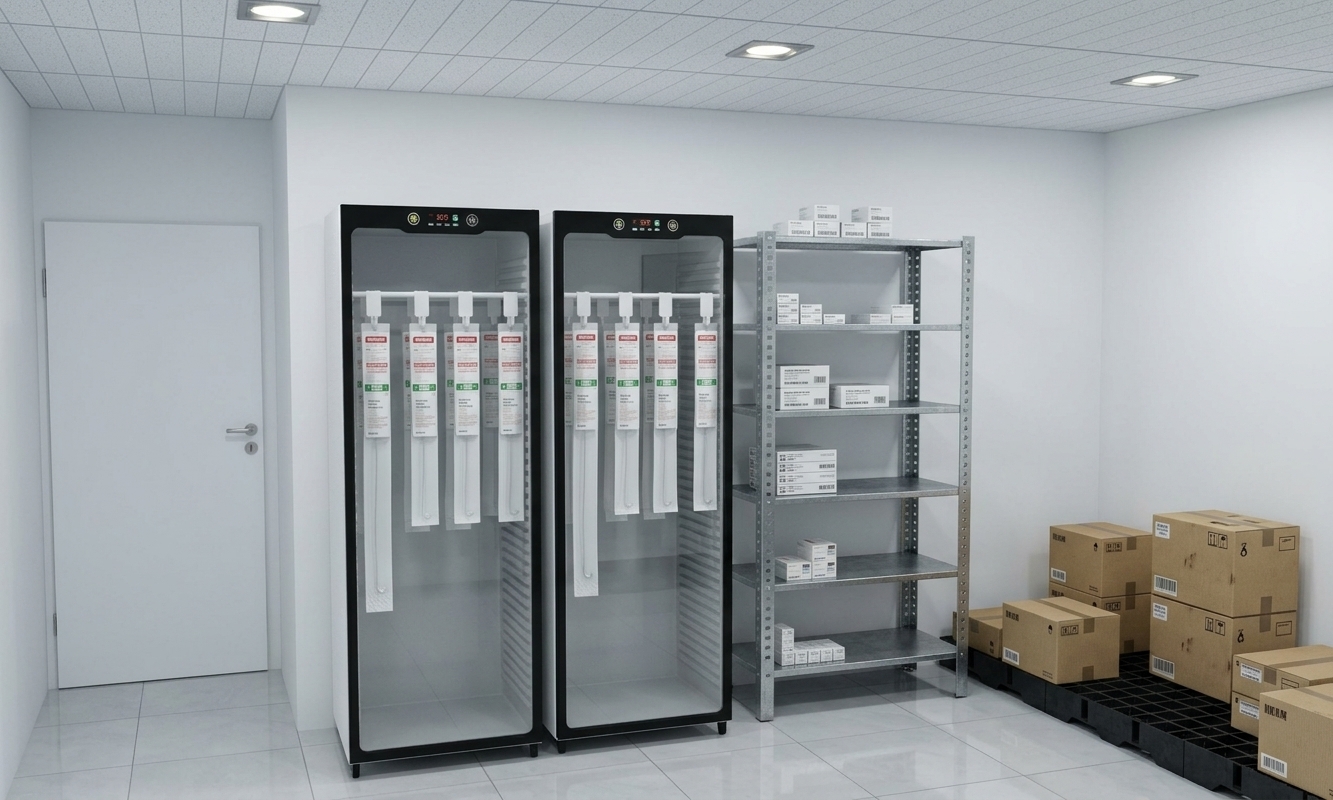 The photo, reference no auth/9d26839b ab88 4bb3 9c89 4c19e11cb11d.jpg, depicts a functional and meticulously organized utility or storage room, rendered with clean lines and a utilitarian architectural style. The scene is illuminated by unseen overhead artificial lighting, casting a soft, even glow that highlights the textures and surfaces without creating harsh shadows, suggesting an indoor, controlled environment. The walls are a plain, light gray or off-white, providing a neutral backdrop for the equipment. The floor is covered in large, square gray tiles with visible grout lines, hinting at durability and ease of maintenance. The ceiling, a darker gray, features subtle horizontal striations, possibly indicating a suspended panel system, and contains recessed rectangular light fixtures or vents. To the left, a warm, medium-brown wooden door with a sleek, modern chrome handle offers access to or from the space. Adjacent to the door stand two identical, tall, narrow storage units, likely refrigerators or specialized cabinets, with transparent glass fronts framed in black. Inside, multiple long, narrow items, possibly medical supplies or test kits, are neatly suspended and visible. To the right of these units, a robust, industrial-style shelving unit made of light gray perforated metal stands against the wall, its shelves holding various sizes of plain cardboard boxes. Further to the right, in the corner, an area of raised storage platforms or pallets with a dark gray, grid-like surface supports stacks of larger cardboard boxes, emphasizing the room's primary function as a storage area. The composition is straightforward and functional, presenting a clear view of the organized space, with all elements arranged for practicality and efficiency, conveying an atmosphere of order and professionalism.