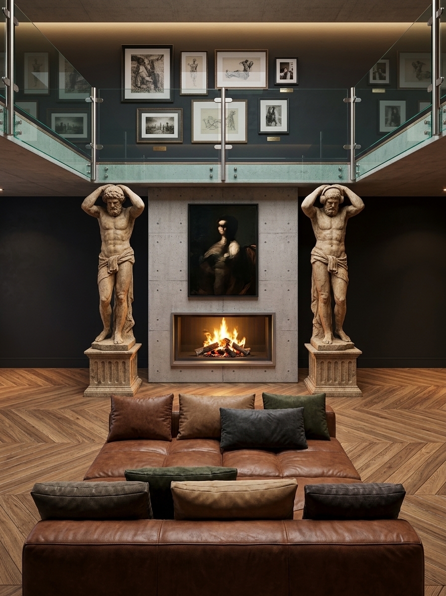 An architectural photograph of the modern double-height loft, capturing the central concrete fireplace with warm glowing flames below a framed painting of Michelangelo's Creation of Adam hands against a dark background. Flanking the fireplace on stone pedestals are two sculptural atlantes rendered as modern young men in jeans and headphones supporting the upper structure. The floor is rich dark oak herringbone, foregrounded by a large modular brown leather lounge island with plush cushions. The mezzanine level features sleek glass railings beneath an architectural concrete ceiling. Warm ambient interior lighting balances the fireplace illumination, highlighting authentic leather creases, wood grain reflections, and concrete micro-textures with clean, natural lens clarity.
