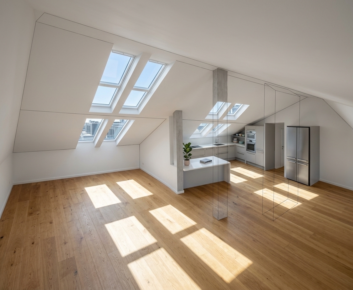 An incredibly lifelike, richly detailed, photorealistic wide-angle interior photograph of an airy, minimalist attic living room and open kitchen set in an elegant modern penthouse. The scene is illuminated by crisp, bright midday spring sunlight pouring directly through angled dual-pane skylights, casting bold geometric grids of light across the honey-toned oak floorboards and creating a serene, uncluttered atmosphere. Captured with a 24mm tilt-shift lens on a high-resolution full-frame camera, emphasizing the smooth satin finish of the pitched white ceiling, brushed stainless-steel appliances, and seamless light-gray matte cabinetry, the space is minimally styled with a sleek low-profile island, subtle pastel undertones, a single photography book resting on a streamlined side table, and a delicate potted indoor plant basking in the sunlit warmth.