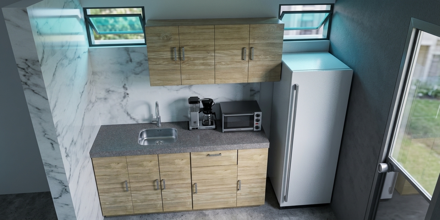 An architectural interior photograph capturing the exact kitchenette layout, featuring the small top awning windows fitted with tinted blue glass that casts a soft, cool daylight tone into the space. The light wood cabinets show authentic timber grain and satin finish, while the grey speckled countertop, stainless steel sink, coffee maker, and toaster oven exhibit natural specular highlights and surface realism. Crisp morning light washes across the white marble backsplash and clean white refrigerator, creating gentle ambient occlusion and realistic reflections, photographed with a sharp 35mm interior lens balancing cool blue window light with neutral indoor fill.