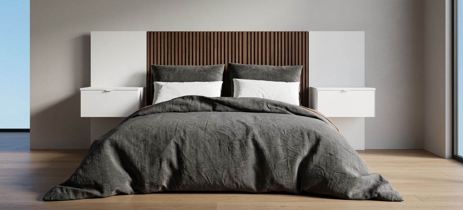 A realistic interior photograph capturing the exact scene and composition, highlighting the headboard's textured central vertical wood slats flanked by smooth matte panels and matching floating nightstands. Soft, natural morning light grazes across the set, casting subtle shadows between the slats and illuminating the authentic woven texture and organic wrinkles of the charcoal linen duvet and plush pillows, rendered with natural photographic depth and crisp detail.