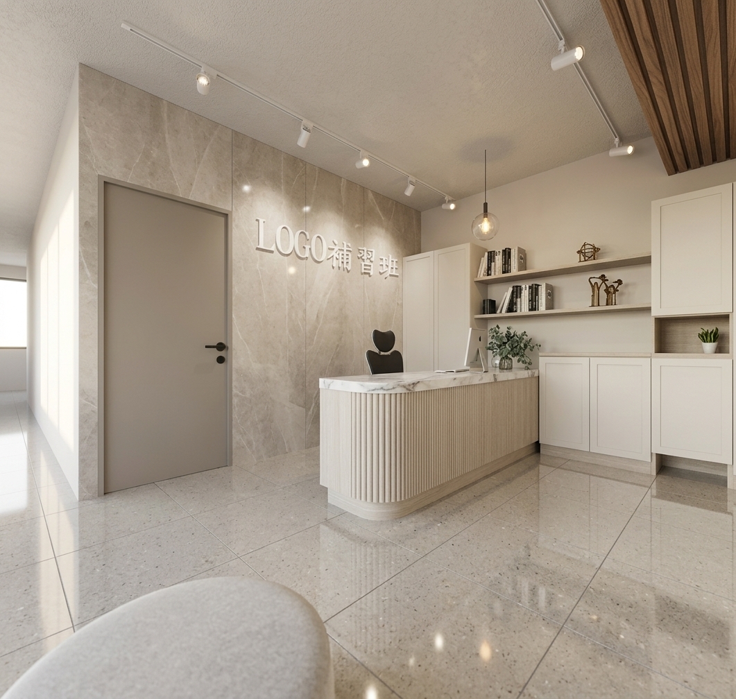 The photo captures a bright and meticulously designed interior space, embodying contemporary elegance with its clean lines and refined palette, ideal for a modern home office reception or a boutique business environment. The central feature is a sleek, curved reception desk, finished in a warm, light beige with subtle vertical fluting on its front panel, creating a delicate play of texture. Behind it, a textured beige accent wall prominently displays white, raised lettering for "LOGO 辅习班," serving as a sophisticated branding element. A modern black ergonomic chair is positioned behind the desk, alongside a crisp white iMac and a small, vibrant potted plant, suggesting a functional yet stylish workspace. The lighting scheme is distinctly modern, featuring a white track lighting system with multiple spot fixtures on the ceiling, complemented by a single, minimalist pendant light with a clear spherical shade suspended over the desk, casting a soft, inviting glow. To the right of the desk, an integrated storage solution combines lower white closed cabinets with open shelving above, tastefully adorned with a curated selection of books, a gleaming decorative globe, and abstract white sculptures, further accented by another small potted plant nestled in a beige open niche. The flooring consists of large, light grey square tiles with thin dark grout lines, providing a clean, expansive base that enhances the sense of space and order. A plain light beige door with a minimalist dark handle is visible to the left, seamlessly blending into the serene color scheme. The overall composition exudes a sense of calm professionalism and sophisticated simplicity, where every element contributes to a harmonious and inviting architectural design.