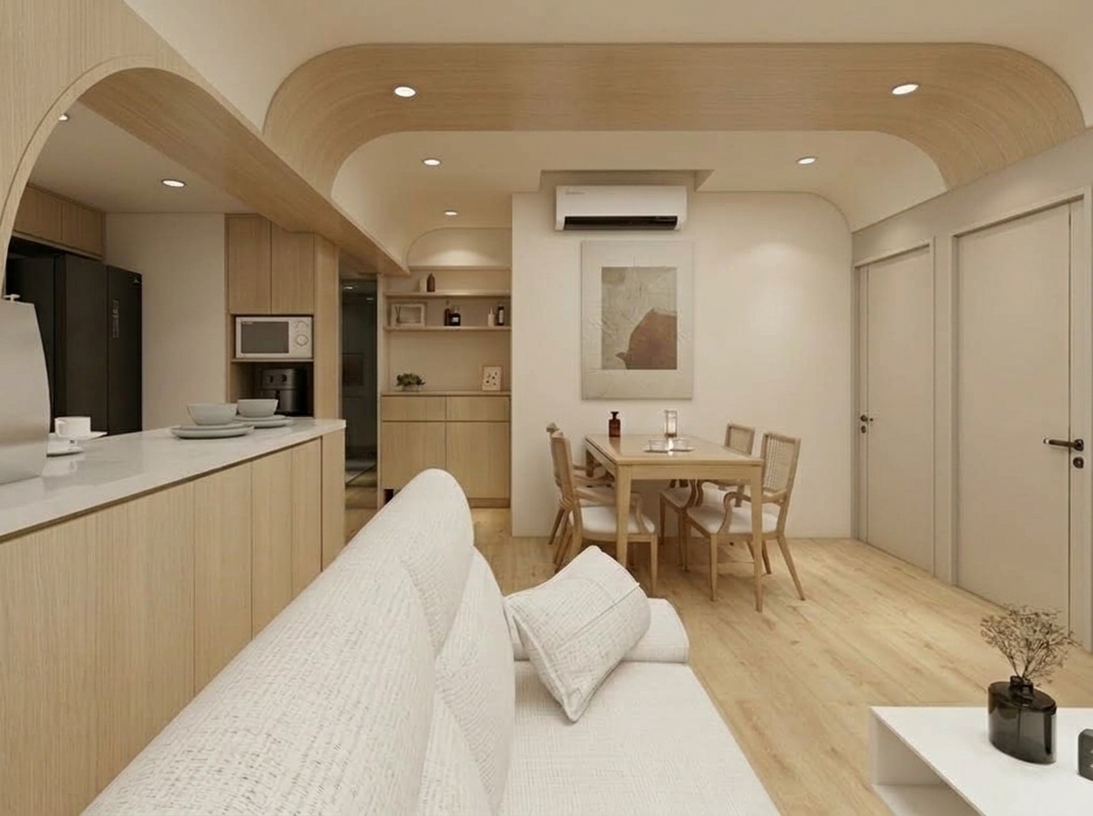 Repaint all white painted areas on the walls and ceiling with Benjamin Moore OC-23 (Classic Gray). Replace the stark white paint on the upper ceiling and walls with this soft, warm off-white tone, while keeping all natural light wood panels, curved architectural ceiling elements, cabinetry, furniture, and flooring unchanged.