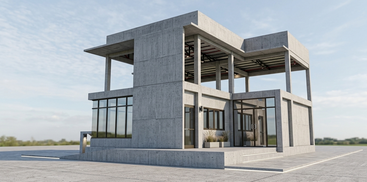 A crisp architectural photograph of the two-story building under harsh summer midday sun. The exterior showcases realistic raw concrete textures with subtle aggregate and seams, paired with dark metal window mullions and reflective glass panes. High-angle sunlight casts sharp, distinct shadows beneath the deep roof overhangs and structural columns. The exposed upper-level steel framing and ceiling deck display authentic matte industrial finishes. Captured on a sharp architectural lens with clean exposure, bright dynamic range, and accurate high-noon daylight.