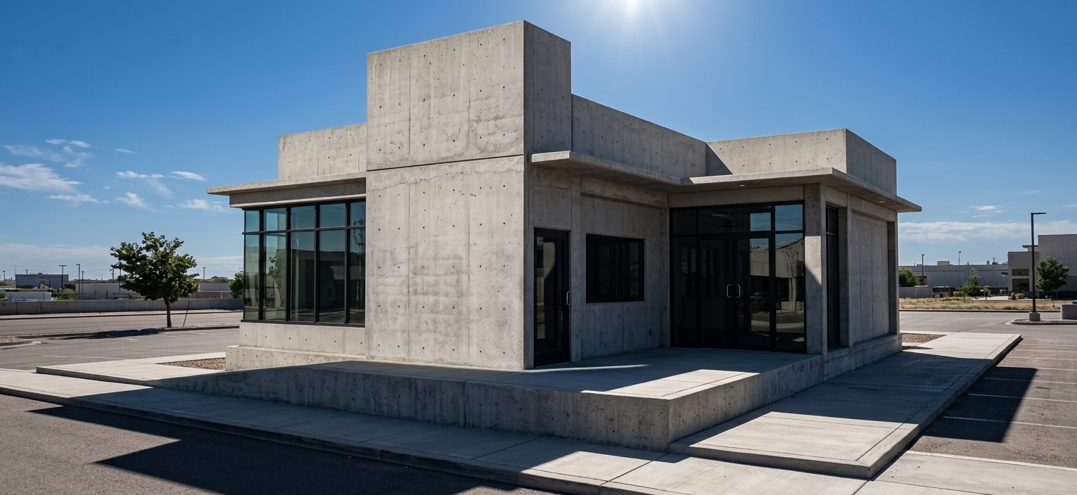 An eye-level architectural photograph of the modern commercial building illuminated by direct midday summer sunlight. The high, intense sun casts crisp, defined shadows beneath the eaves and roof overhangs, accentuating the subtle texture of the poured concrete facade. Floor-to-ceiling glass panels and entrance doors exhibit realistic sky reflections with sharp dark aluminum mullions. Captured with a professional architectural lens, the image displays natural dynamic range, true-to-life surface micro-textures on the concrete platform, and a warm, clear summer atmosphere.