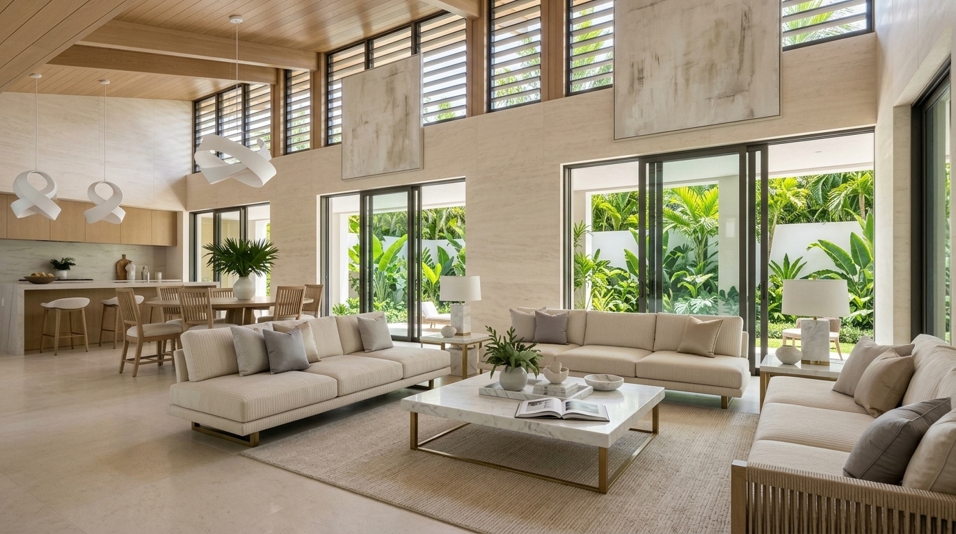 An incredibly lifelike, richly detailed, photorealistic wide-angle interior photograph of an airy, open-concept living pavilion set in a sun-drenched coastal summer villa. The scene is illuminated by bright, high-noon summer daylight pouring through double-height clerestory louvers and floor-to-ceiling glass sliding doors, creating a sophisticated, serene, and exquisitely balanced atmosphere. Captured with a full-frame architectural camera and a 24mm tilt-shift lens, emphasizing the refined tactile textures of honed pearl-toned travertine, polished limestone flooring, and slim champagne-finished metal accents. Reimagined through an aesthetic of contemporary elegance, the space is grounded in a refined palette of warm white, pearl, champagne, and soft gray, replacing the rustic elements with bespoke, clean-lined tailored furnishings including low-profile modular sofas upholstered in ribbed Belgian linen and subtle silk-wool accent cushions. A minimalist cocktail table crafted from polished Calacatta stone and slender brushed brass displays an open luxury photography book, sculptural marble trays, and organic ceramic vessels, while the soaring feature wall now showcases a commanding, textured abstract painting in understated neutral washes. Sculptural, ribbon-like pendant lighting in soft matte white hovers gracefully from the warm white-oak paneled ceiling, drawing the eye toward the seamless expanse of lush, vibrant tropical palms and manicured architectural gardens just outside.