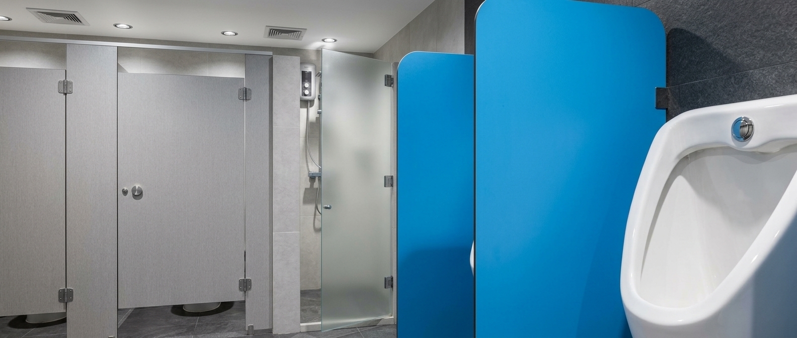 Render this 3D model into a realistic modern restroom featuring light gray HPL toilet partitions, 30x30 cm ceiling-mounted exhaust fans, and round pinlights on a white painted gypsum ceiling. Include a urinal with bright blue HPL divider partitions, 60x60 light gray wall tiles, dark gray floor tiles, a dark gray tiled accent wall by the urinal, and a frosted glass shower door enclosing a chrome shower fixture and wall-mounted water heater.