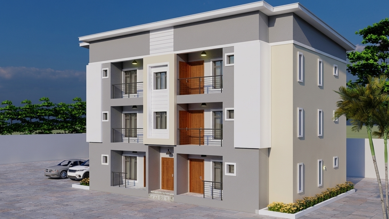 An architectural photograph of the three-story apartment building, capturing the exact composition, geometry, and materials under bright, natural daylight. The facade displays authentic fine-grit stucco in neutral gray, cream, and clean white, contrasted by satin black metal railings and doors with rich, natural wood grain. Windows reflect the crisp blue sky with soft, realistic transparency, while small recessed balcony fixtures cast faint warm illumination. The ground exhibits textured stone pavers with subtle joint lines and grounded contact shadows, with the existing flower beds and palm tree featuring detailed, vibrant organic foliage captured through a sharp, rectilinear lens with balanced exposure.