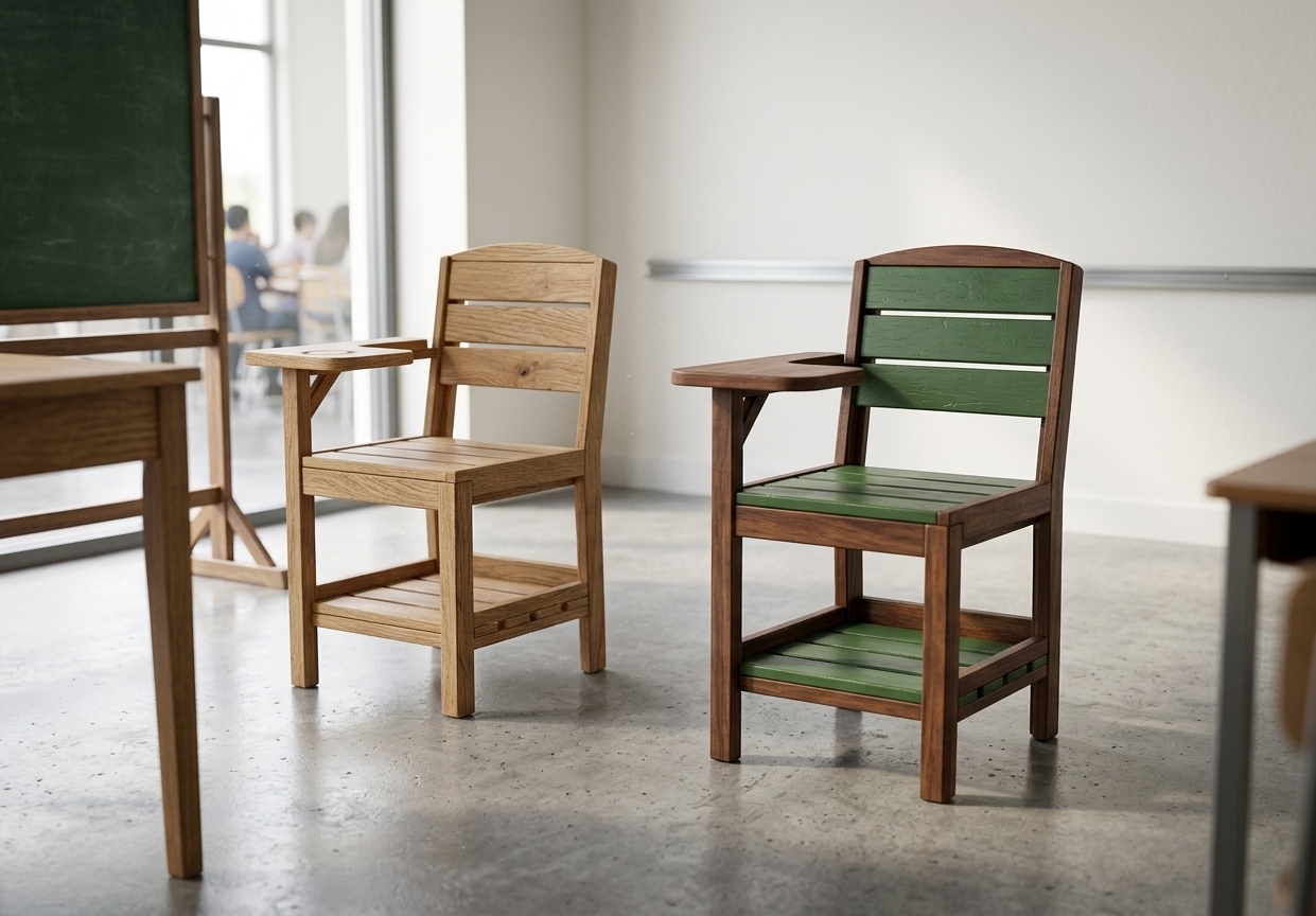 A photorealistic shot preserving the exact layout, geometry, and perspective of the two wooden desk chairs set in a bright, minimalist classroom interior. The left chair features natural matte oak with distinct, tactile wood grain and subtle surface imperfections, while the right chair displays a warm stained frame paired with satin forest-green painted wooden slats showing light edge wear. Soft daylight streams from an off-camera window, casting gentle, diffused shadows onto a smooth polished concrete floor. Captured with a 50mm lens at f/5.6, the scene exhibits realistic depth of field, balanced warm ambient tones, fine surface micro-textures, and faint film grain for authentic photography.