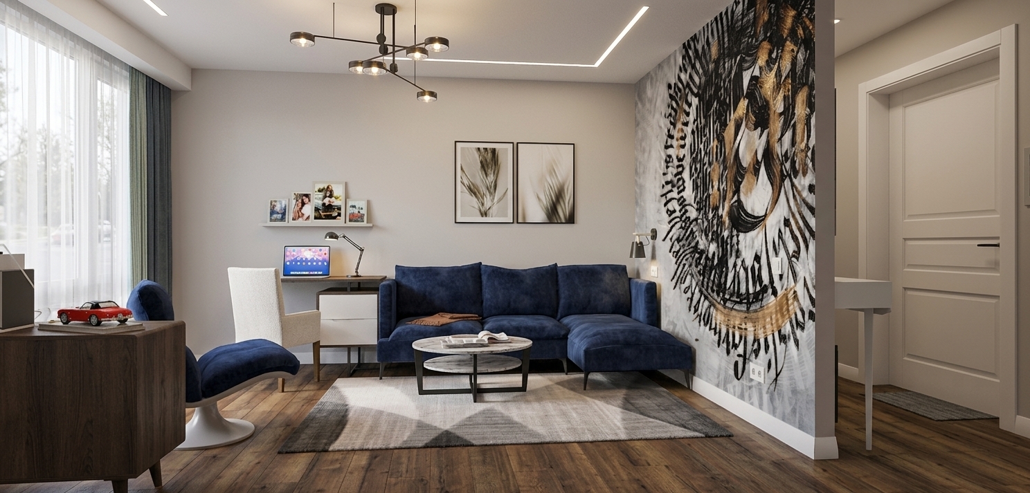 A photorealistic wide-angle interior photograph of this exact living room at evening, illuminated by warm, cozy artificial light glowing from the ceiling fixture and wall sconce. Through the sheer window curtains, a deep twilight sky with faint stars and the silhouettes of outdoor trees is visible. The navy blue velvet upholstery on the sofa and lounge chair features rich, tactile texture with soft light sheen, complemented by authentic grain and subtle reflections across the dark wood flooring. Shot on a 24mm architectural lens with natural depth of field, the scene displays balanced exposure, delicate shadow falloff, realistic material physics, and subtle photographic grain while faithfully preserving the original layout, furniture placement, and perspective.