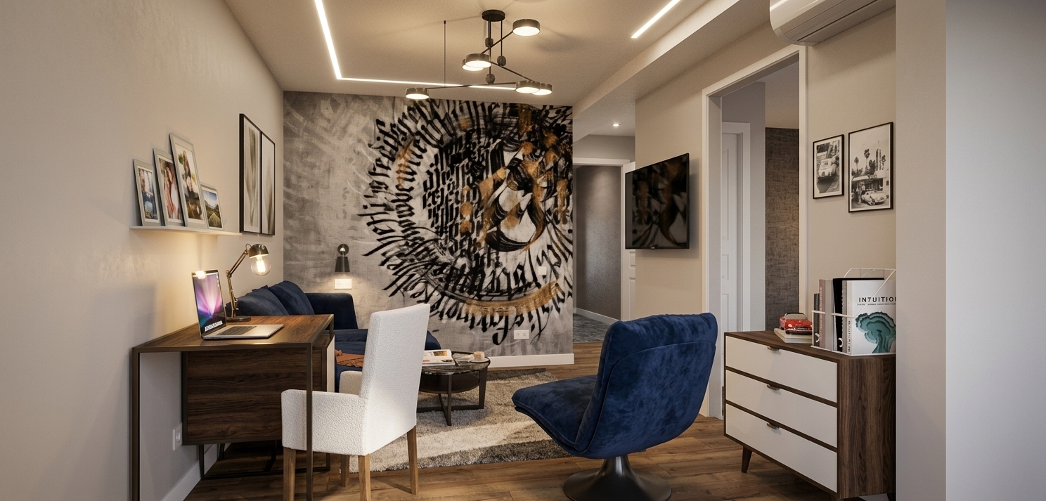 A realistic eye-level interior photograph captured with a 28mm wide-angle lens, preserving the exact geometry, furniture placement, and framing of the room. Warm artificial illumination glows softly from the ceiling fixture, cove lighting, and desk lamp, casting inviting golden ambient light and gentle, diffused shadows across the space. Realistic material textures are highlighted, including the tactile grain of the hardwood floor and desk, plush velvet on the navy seating, accurate sheen on the calligraphic feature wall, and soft ambient reflections in the television screen, finished with subtle lens vignetting and natural, fine film grain.