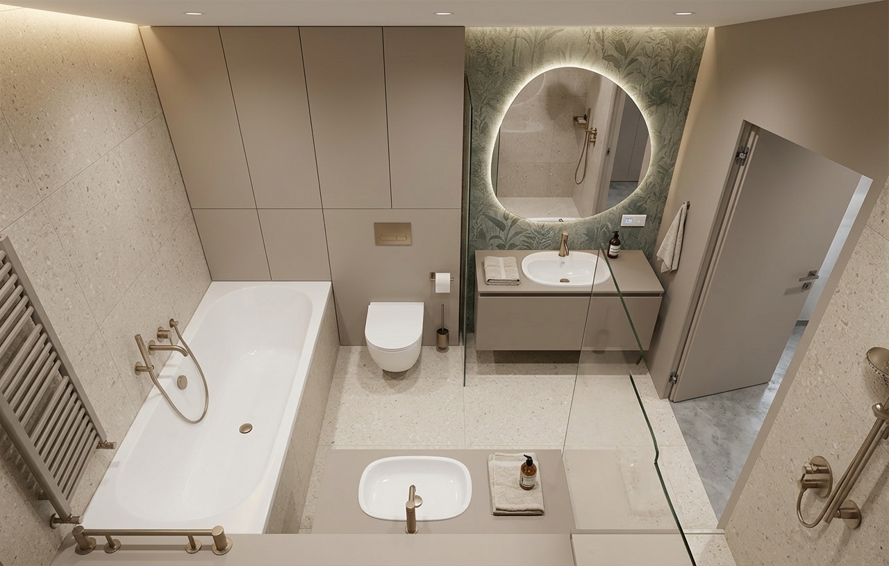 An incredibly lifelike, richly detailed, photorealistic wide-angle interior photograph of an exquisitely designed contemporary bathroom set in a luxurious modern apartment. The scene is illuminated by concealed, warm 3000K LED ambient cove lighting and soft halo illumination radiating from behind a large organic mirror, supplemented by gentle recessed downlights, creating a tranquil, sophisticated, and spa-like atmosphere. Captured with a professional 24mm architectural tilt-shift lens, emphasizing the velvety matte finishes of custom cashmere-taupe joinery, the delicate mineral flecks in oversized timeless beige terrazzo tiles, and the lustrous sheen of unified brushed champagne-bronze tapware. Running along the left wall, a pristine 180-centimeter built-in bathtub gleams with clean white porcelain surfaces, accented by minimalist wall-mounted bronze fittings and accompanied near its base by a designer vertical towel radiator finished in a matching matte greige powder coat. Beside the tub, a rimless wall-hung toilet seamlessly nests beneath a continuous run of floor-to-ceiling handleless custom cabinetry in uniform warm taupe that conceals the flush cistern and extends effortlessly across the top wall to offer extensive hidden storage. On the opposite wall, a striking accent zone features moisture-proof designer wallpaper in muted forest and sage tones, creating an elegant backdrop for a floating vanity cabinet in matching taupe with an undermount ceramic basin, anchored by the soft glow of a backlit mirror, while a 90-centimeter flush-to-wall interior door stands neatly along the right entryway to complete the harmonious, perfectly proportioned layout.