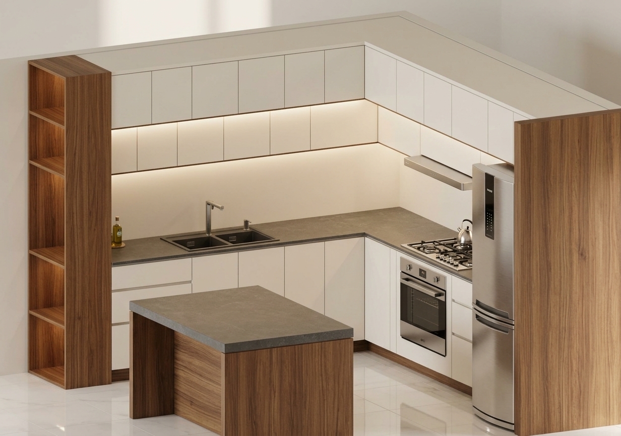 Photorealistic architectural photograph preserving the exact high-angle perspective and layout, illuminated by soft 3000K warm ambient lighting and glowing under-cabinet LEDs. The cabinetry incorporates rich, warm wood finishes, paired with elegant sintered stone on the countertops and central island. Below, high-gloss white porcelain floor tiles cast gentle, authentic reflections, balanced by realistic brushed stainless steel on the refrigerator and oven, matte black plumbing fixtures, and crisp, natural light distribution throughout the space.
