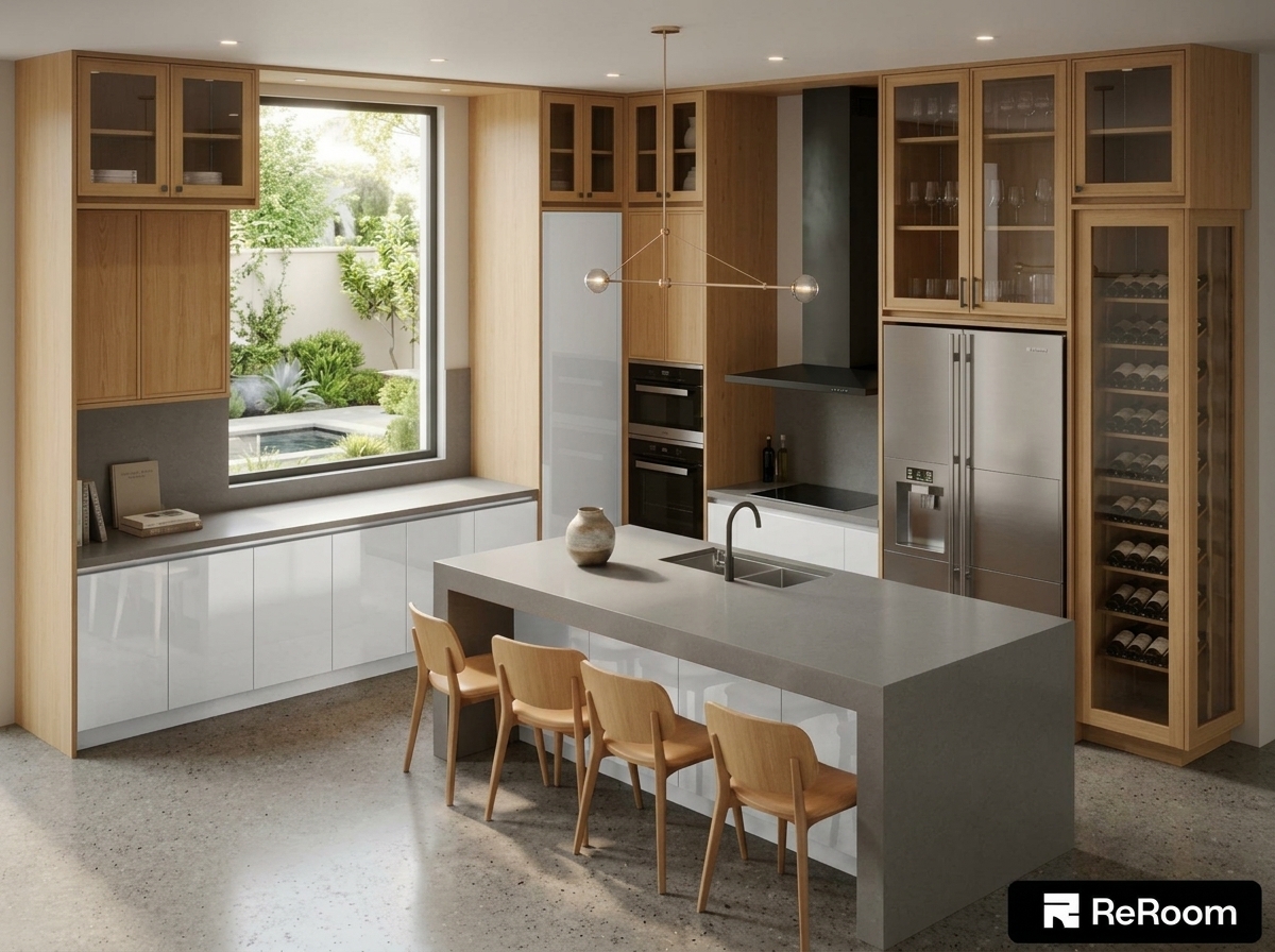 Replace all base cabinet doors and drawer fronts with flat-panel, glossy white surfaces. Remove the visible black hardware handles and replace them with seamless, integrated Gola profile channels for a handleless look, keeping the upper wood cabinetry unchanged.
